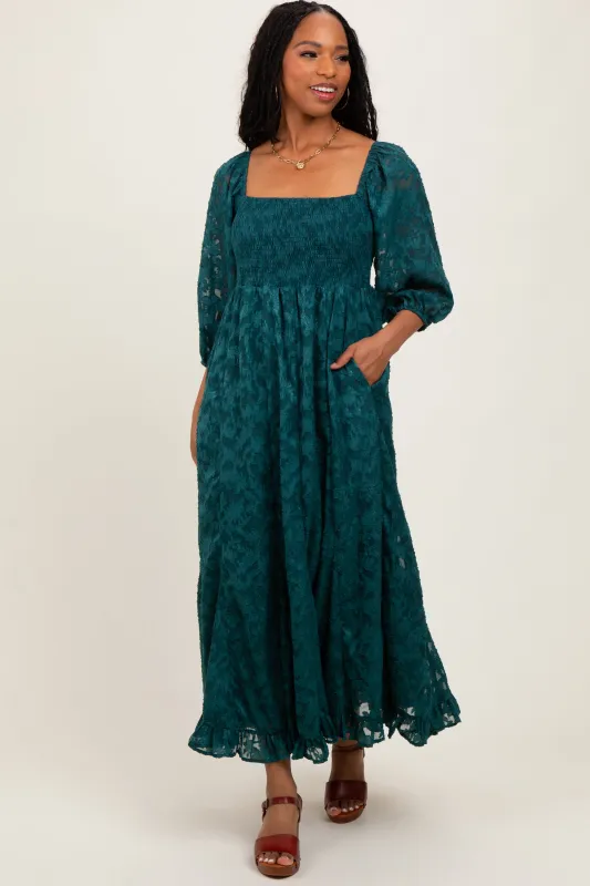 Forest Green Textured Overlay Smocked Ruffled Hem Maxi Dress sold by Pinkblush
