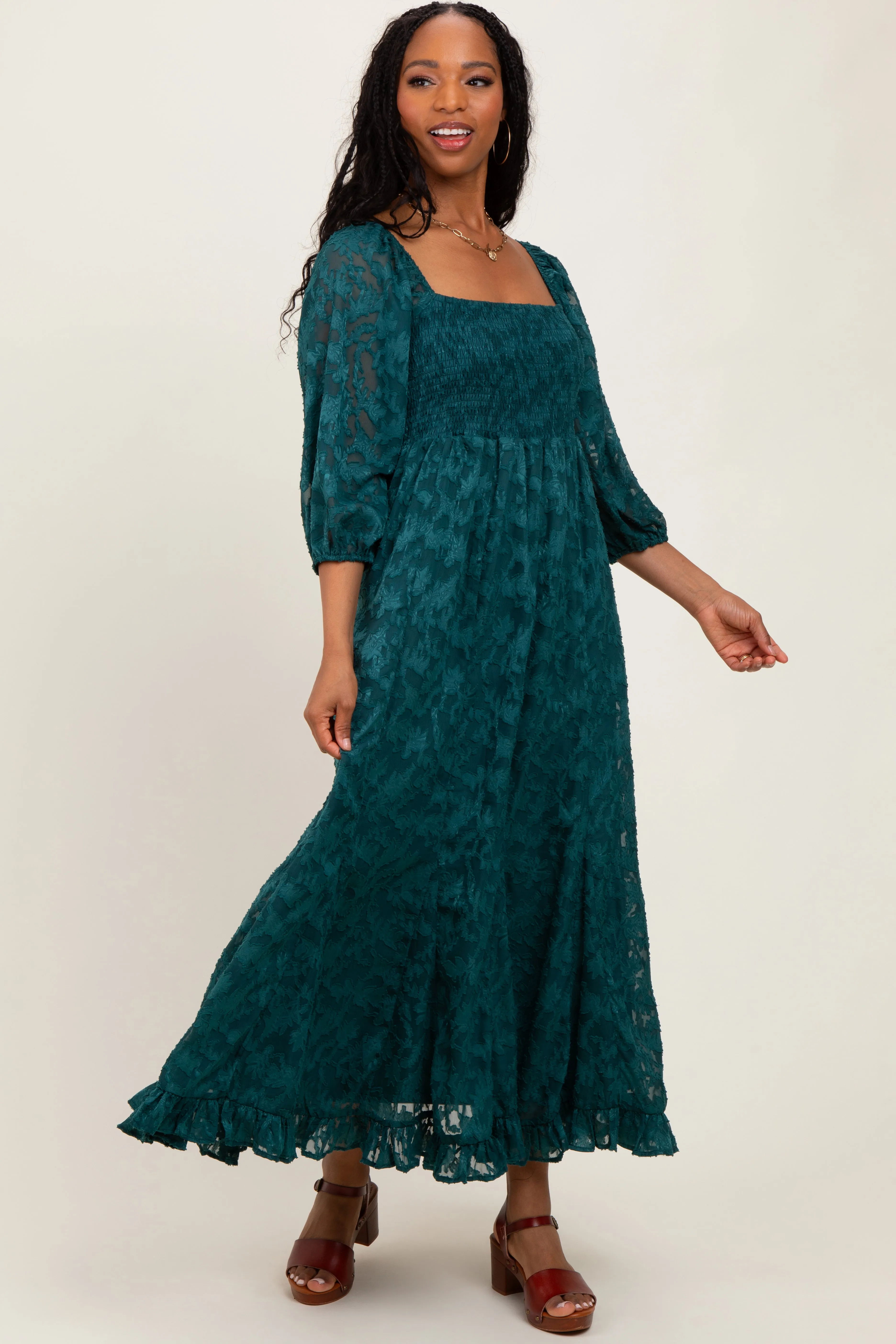 Forest Green Textured Overlay Smocked Ruffled Hem Maxi Dress sold by Pinkblush product image thumbnail 2