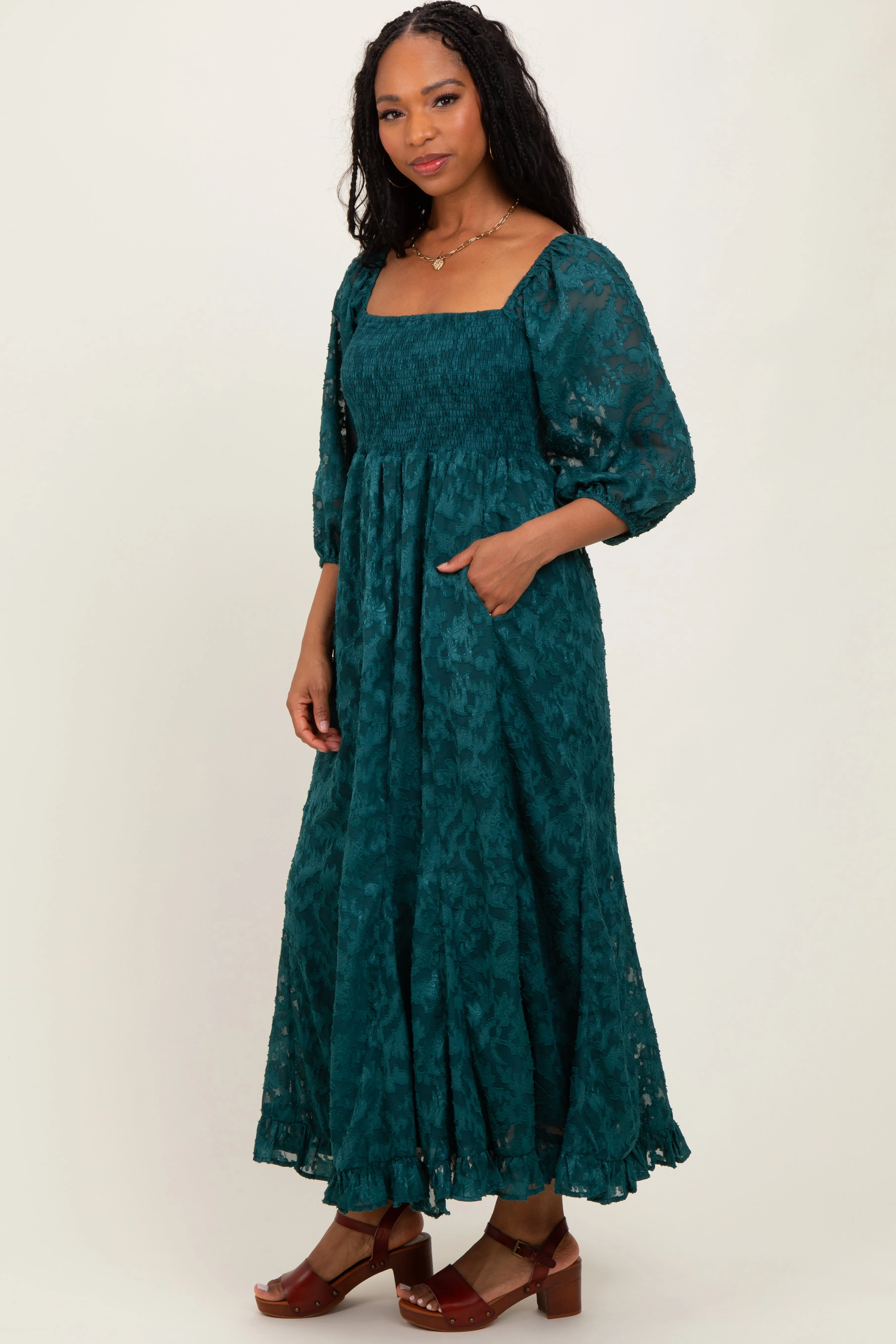 Forest Green Textured Overlay Smocked Ruffled Hem Maxi Dress sold by Pinkblush product image thumbnail 3