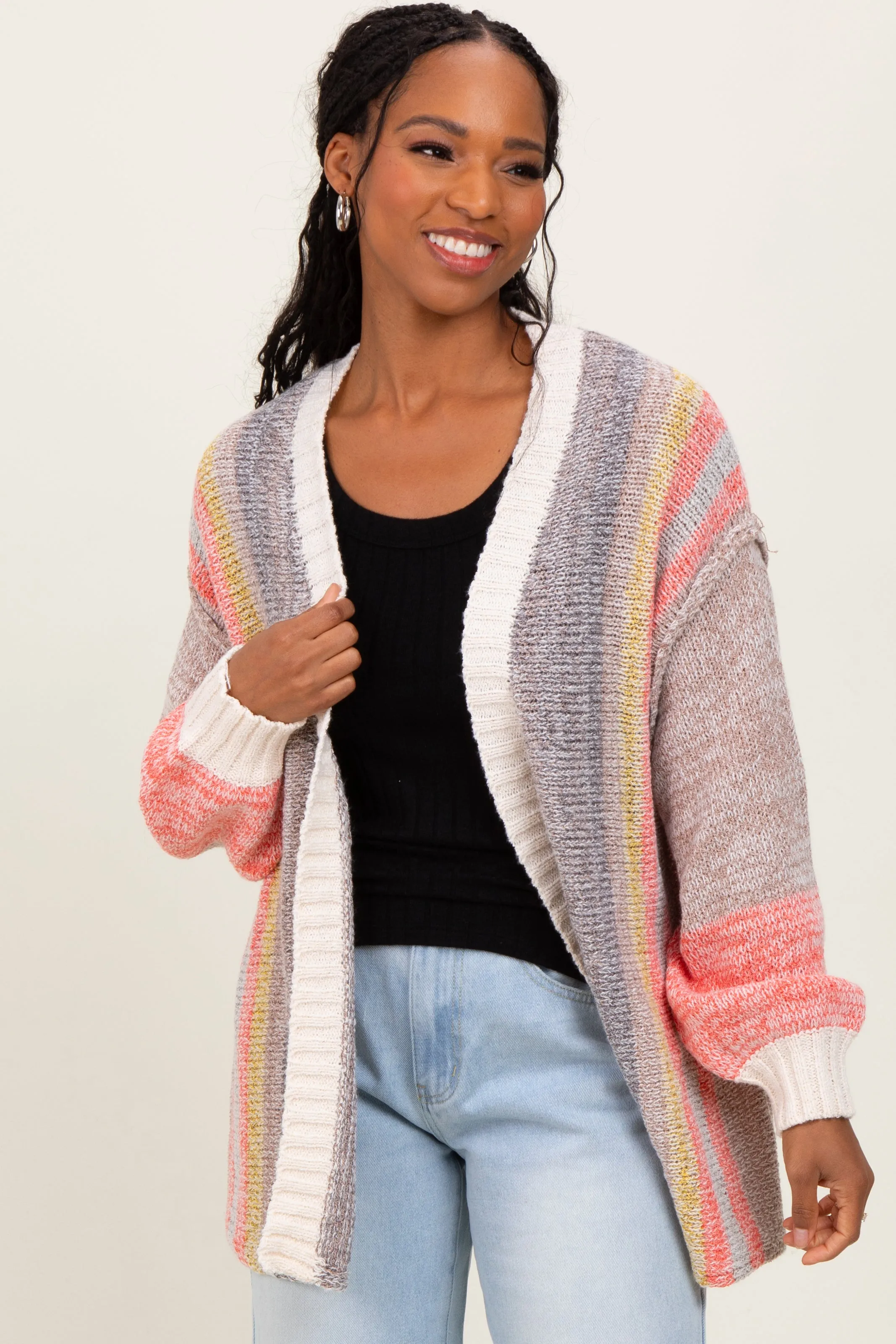 Charcoal Colorblock Stripe Knit Open Cardigan sold by Pinkblush product image thumbnail 2