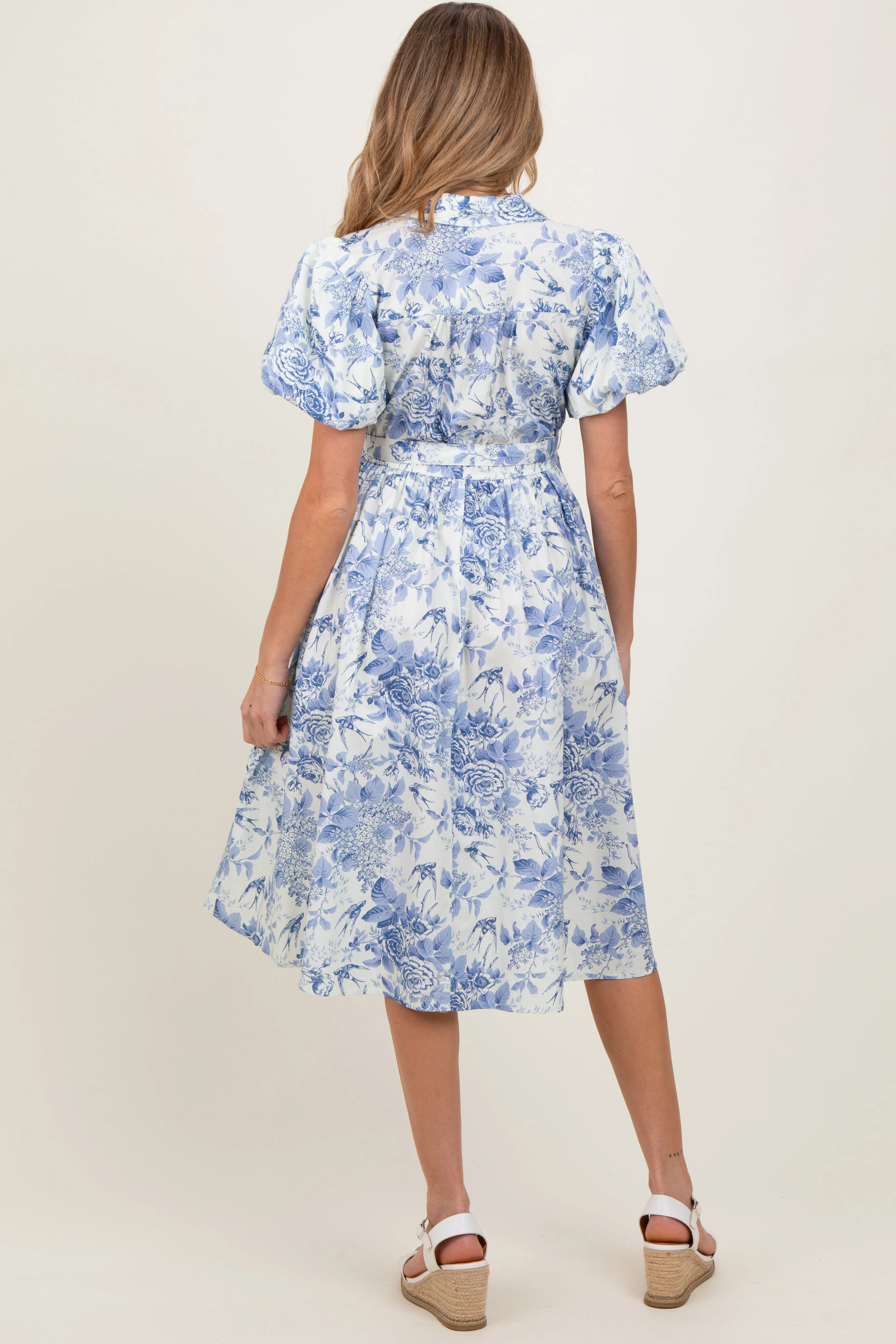 Blue Floral Print Belted Maternity Midi Dress sold by Pinkblush product image thumbnail 3