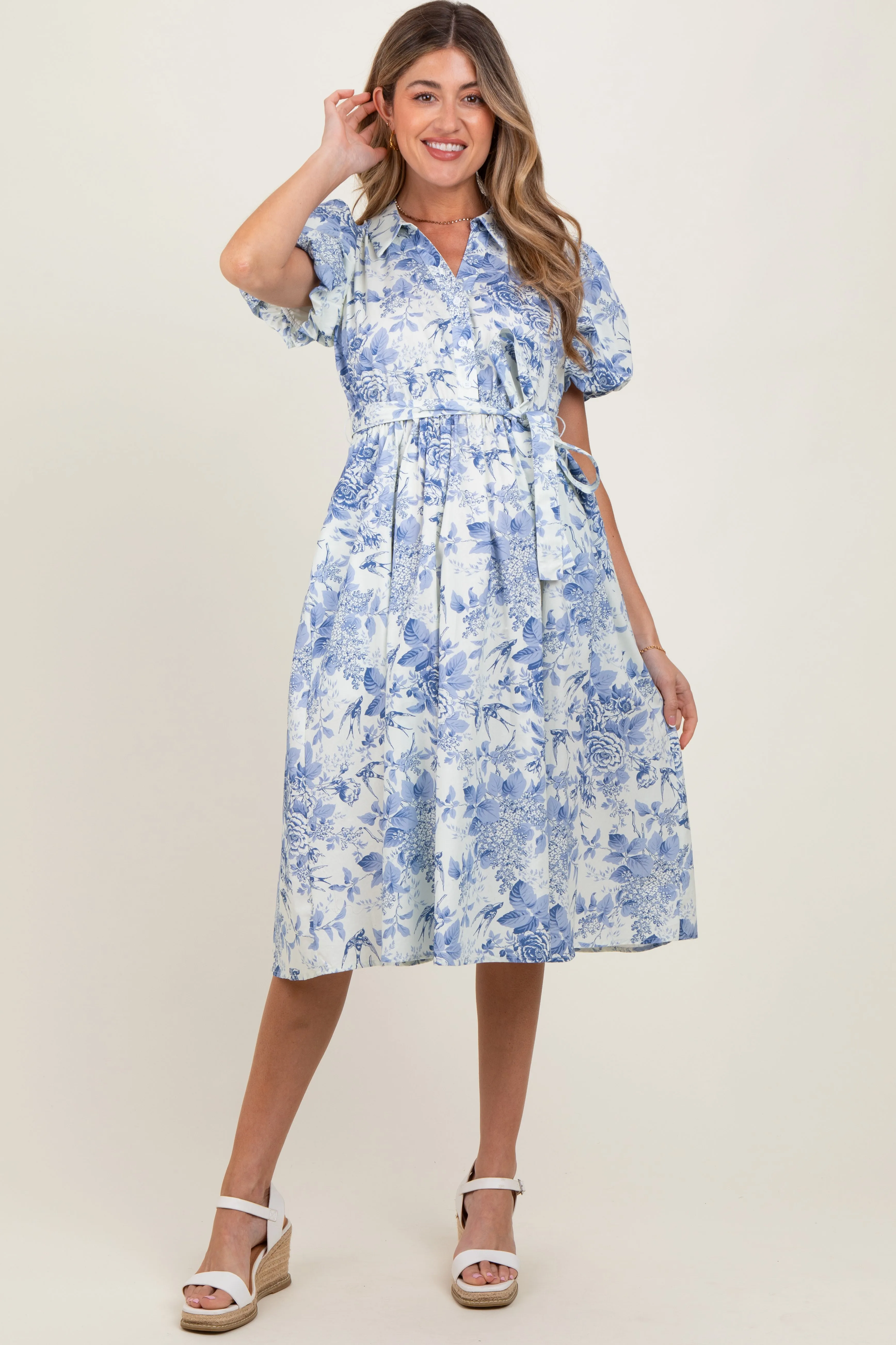 Blue Floral Print Belted Maternity Midi Dress sold by Pinkblush