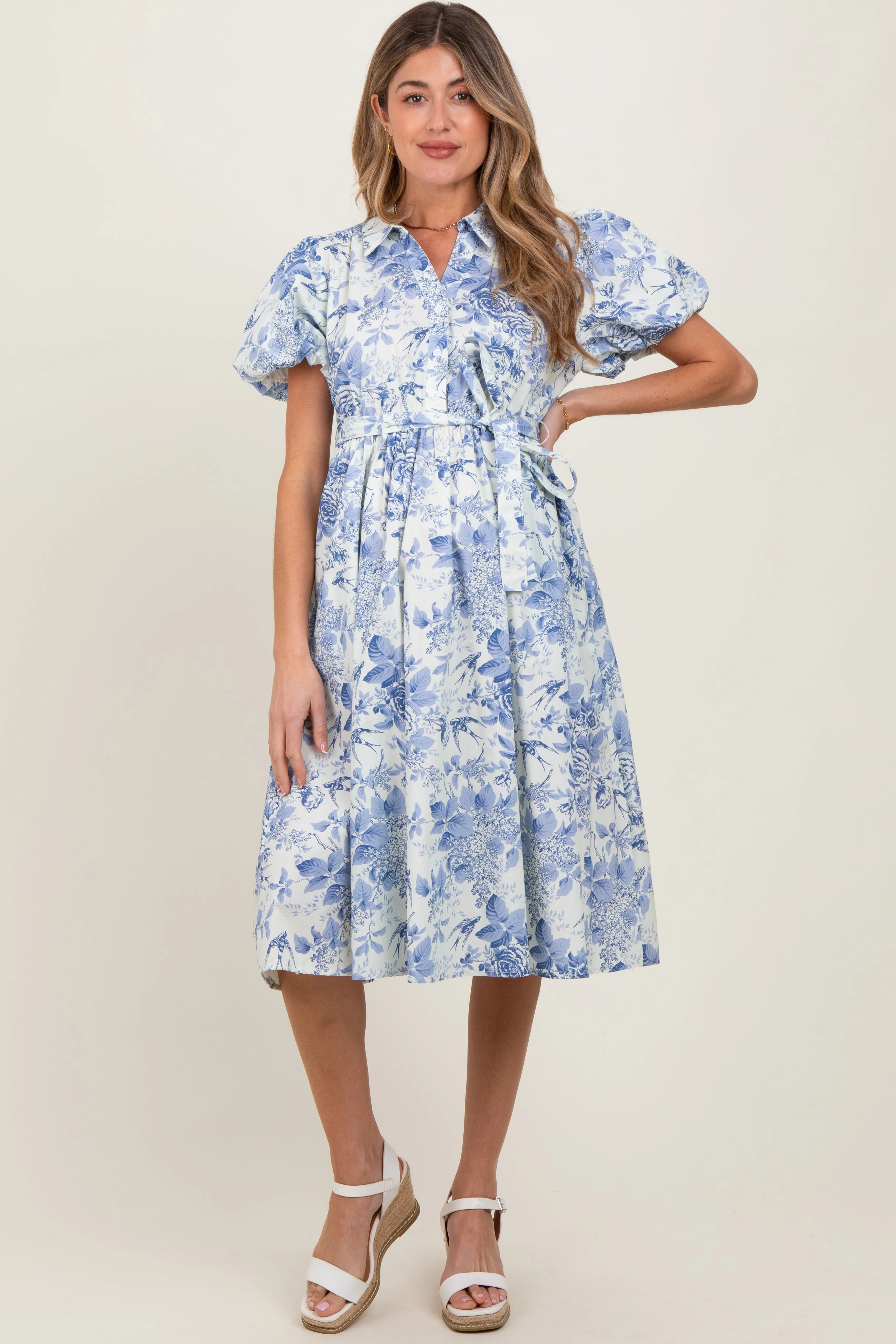 Blue Floral Print Belted Maternity Midi Dress sold by Pinkblush product image thumbnail 2