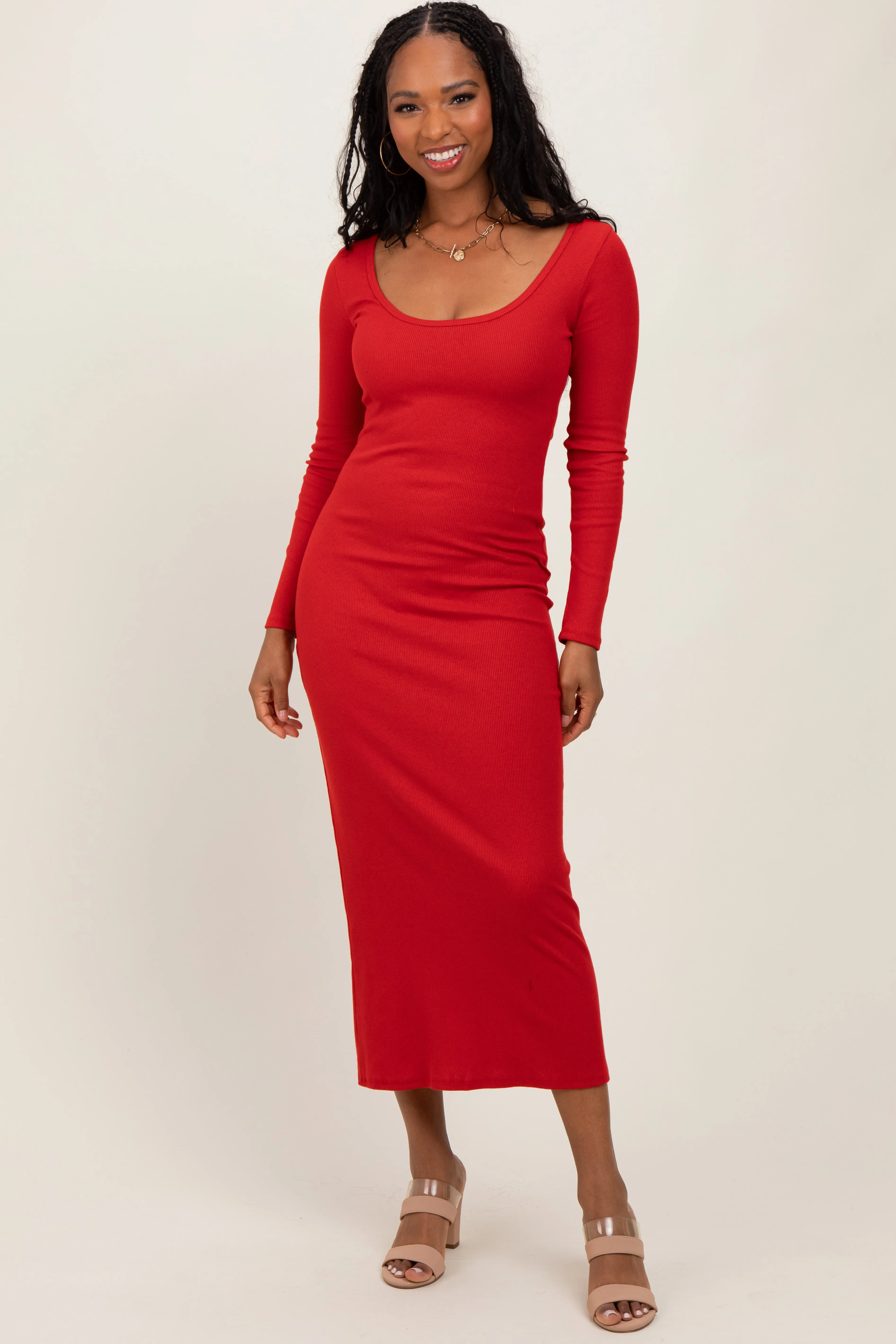 Red Scoop Neck Long Sleeve Midi Dress sold by Pinkblush
