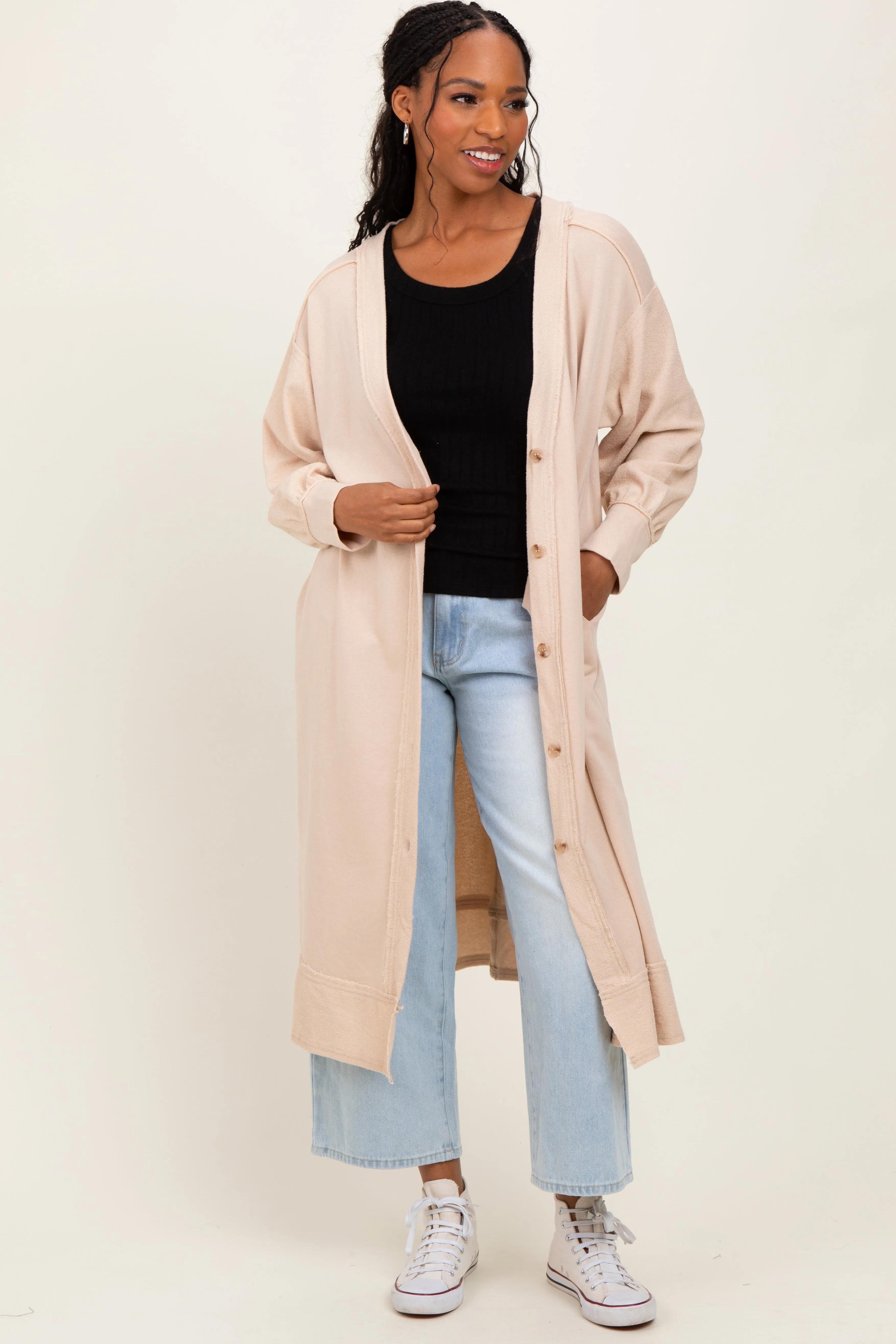 Cream Button Down Long Cardigan sold by Pinkblush