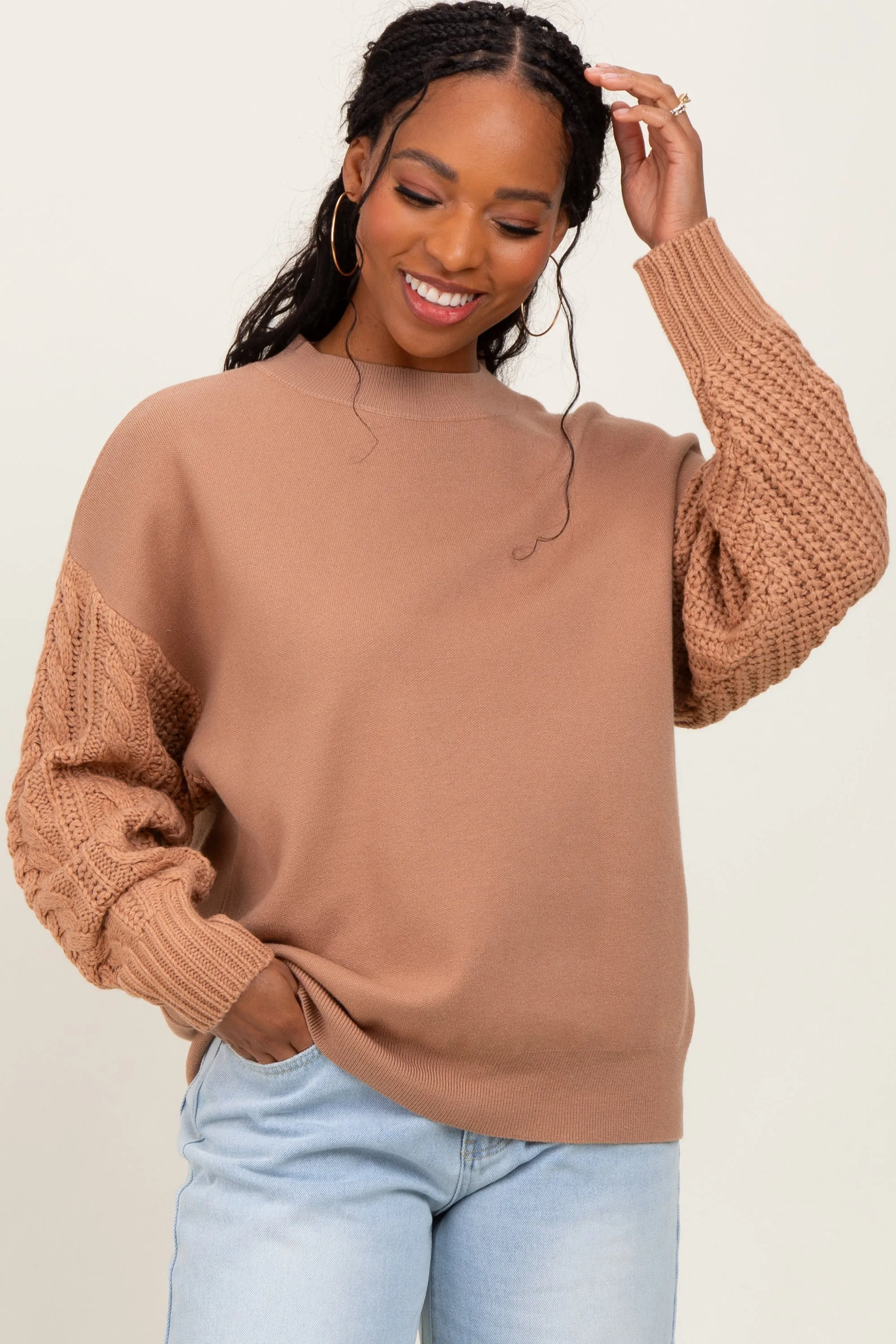 Camel Contrast Knit Sleeve Sweater sold by Pinkblush