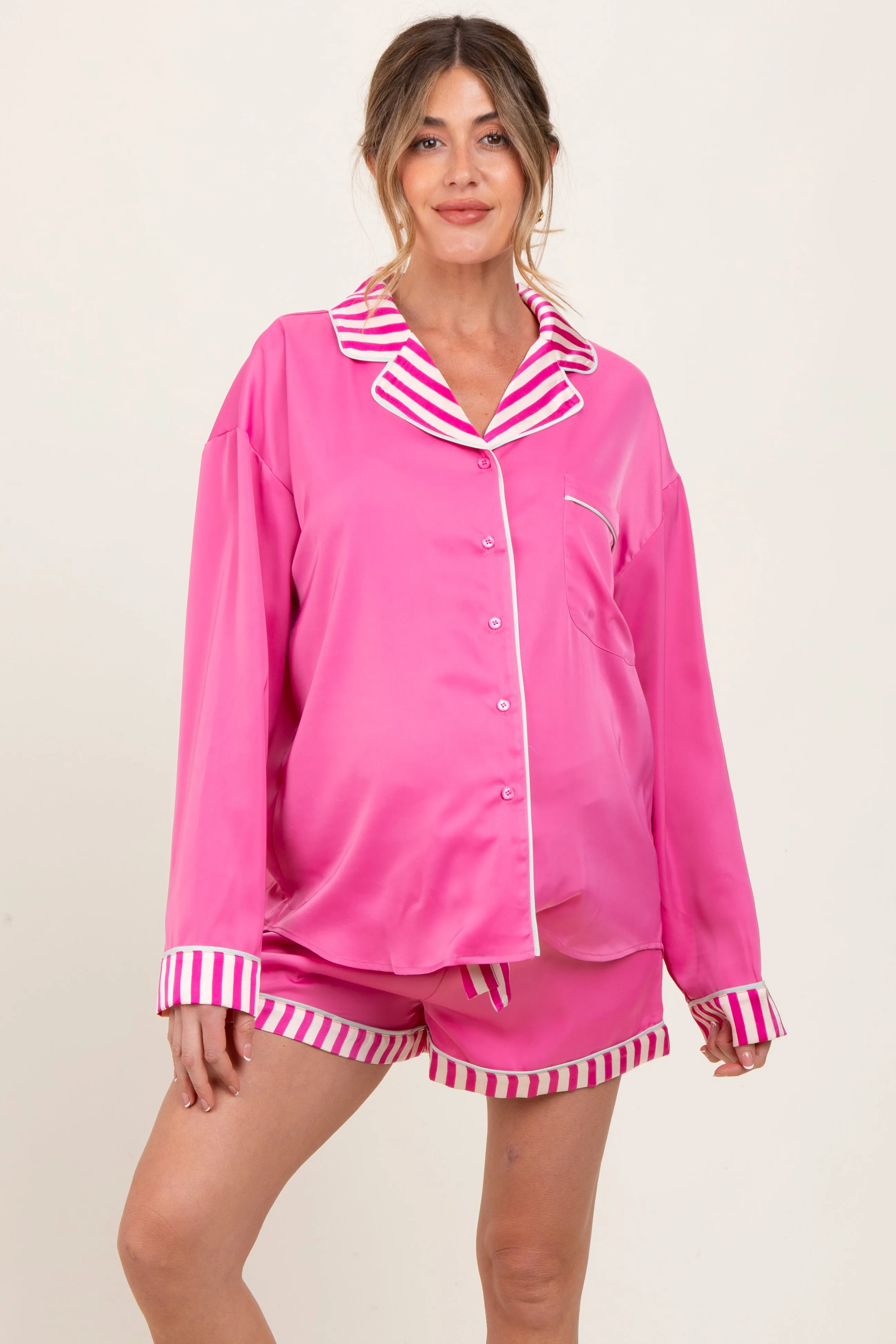 Fuchsia Satin Contrast Stripe Pajama Short Maternity Set sold by Pinkblush