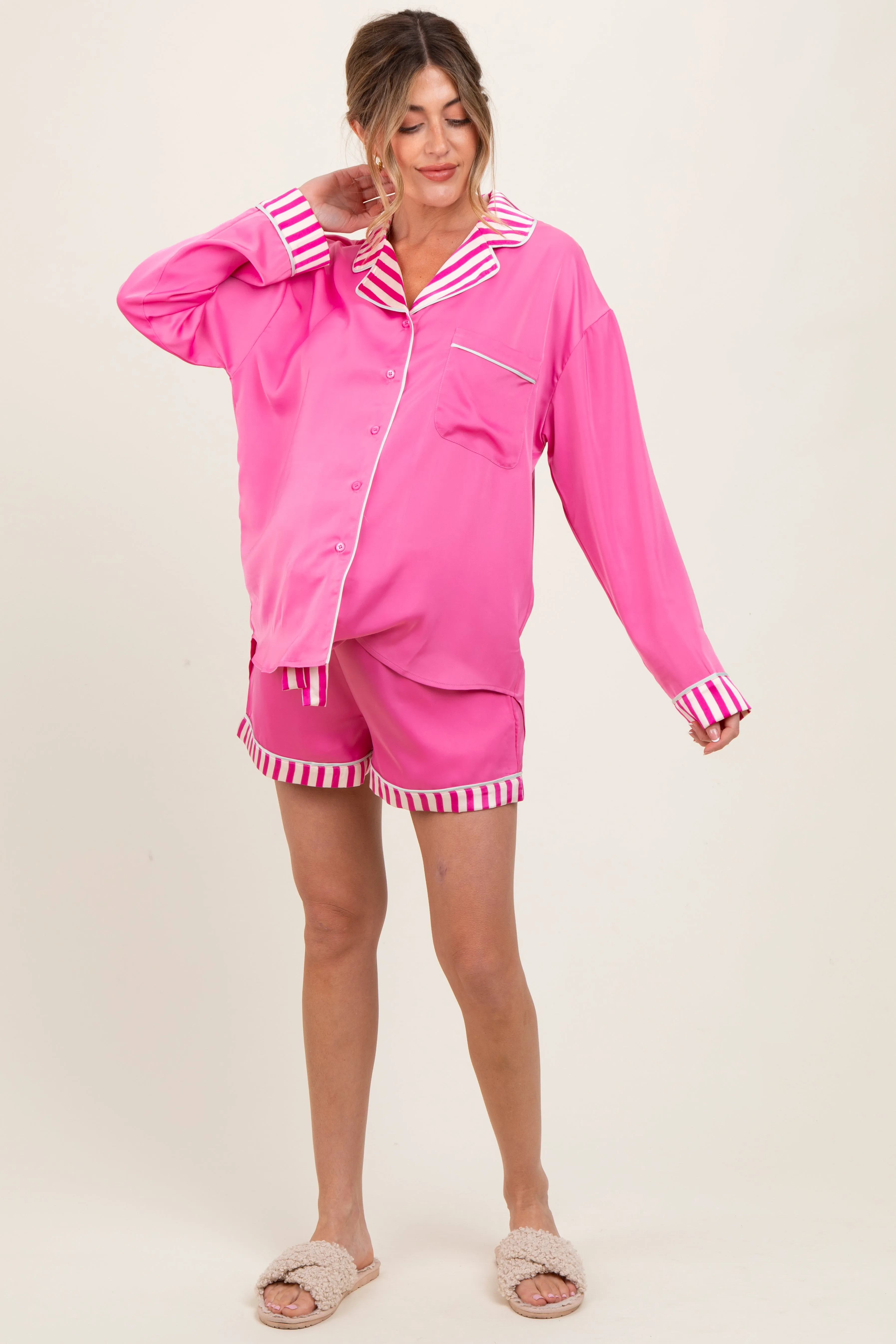 Fuchsia Satin Contrast Stripe Pajama Short Maternity Set sold by Pinkblush product image thumbnail 2