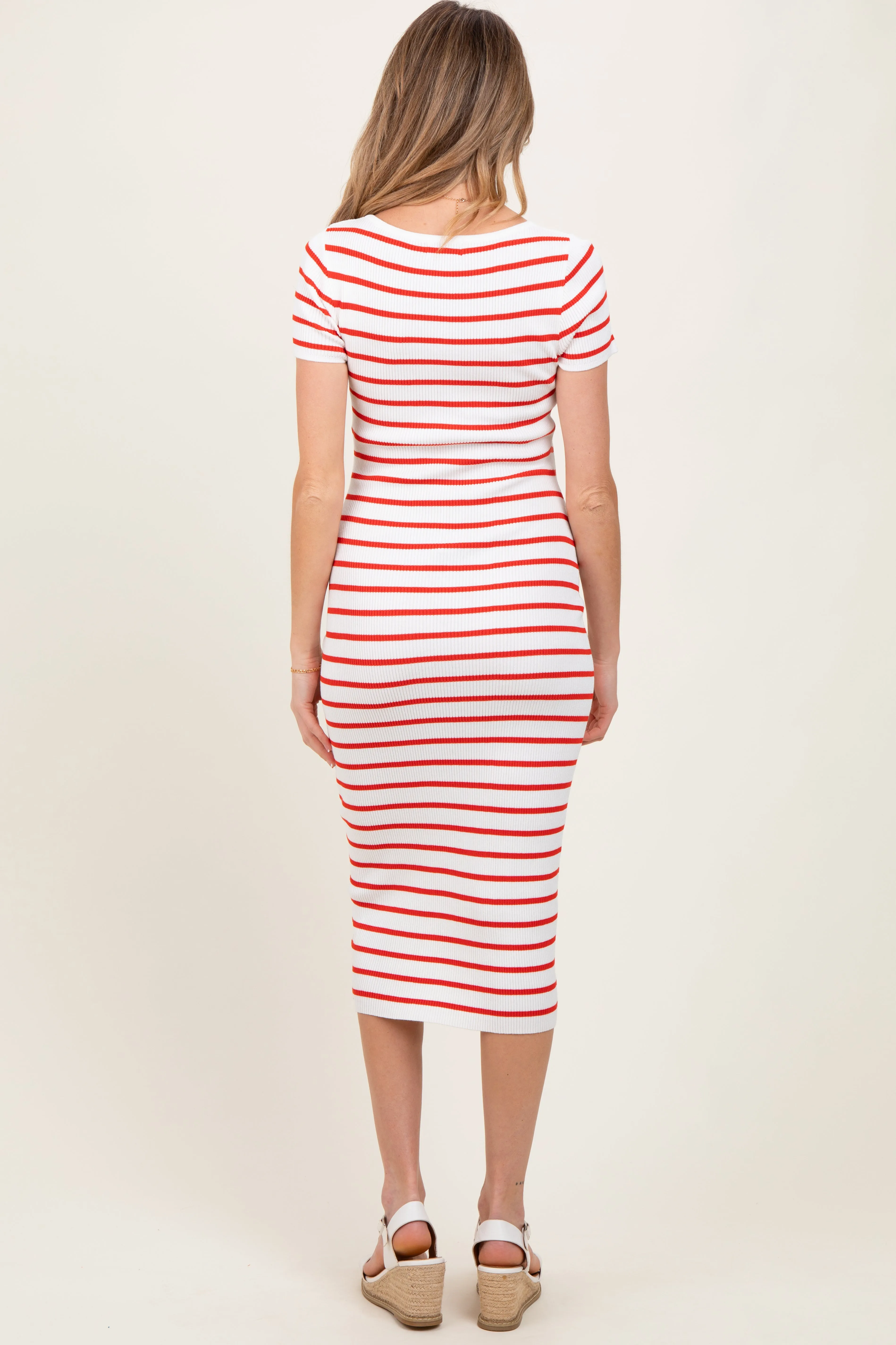 Red Striped Square Neck Short Sleeve Maternity Midi Dress sold by Pinkblush product image thumbnail 4