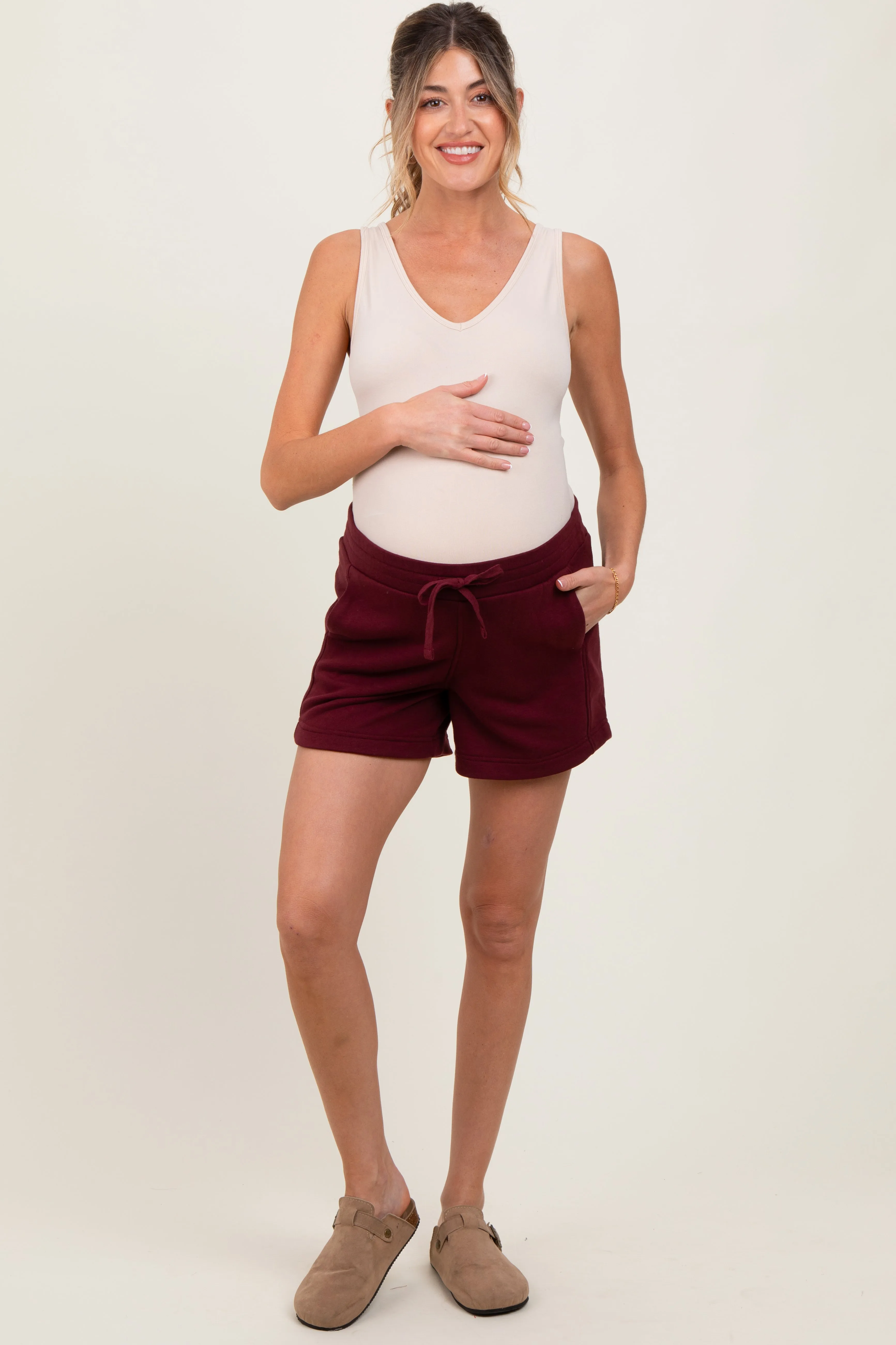 Burgundy Terry Maternity Shorts sold by Pinkblush