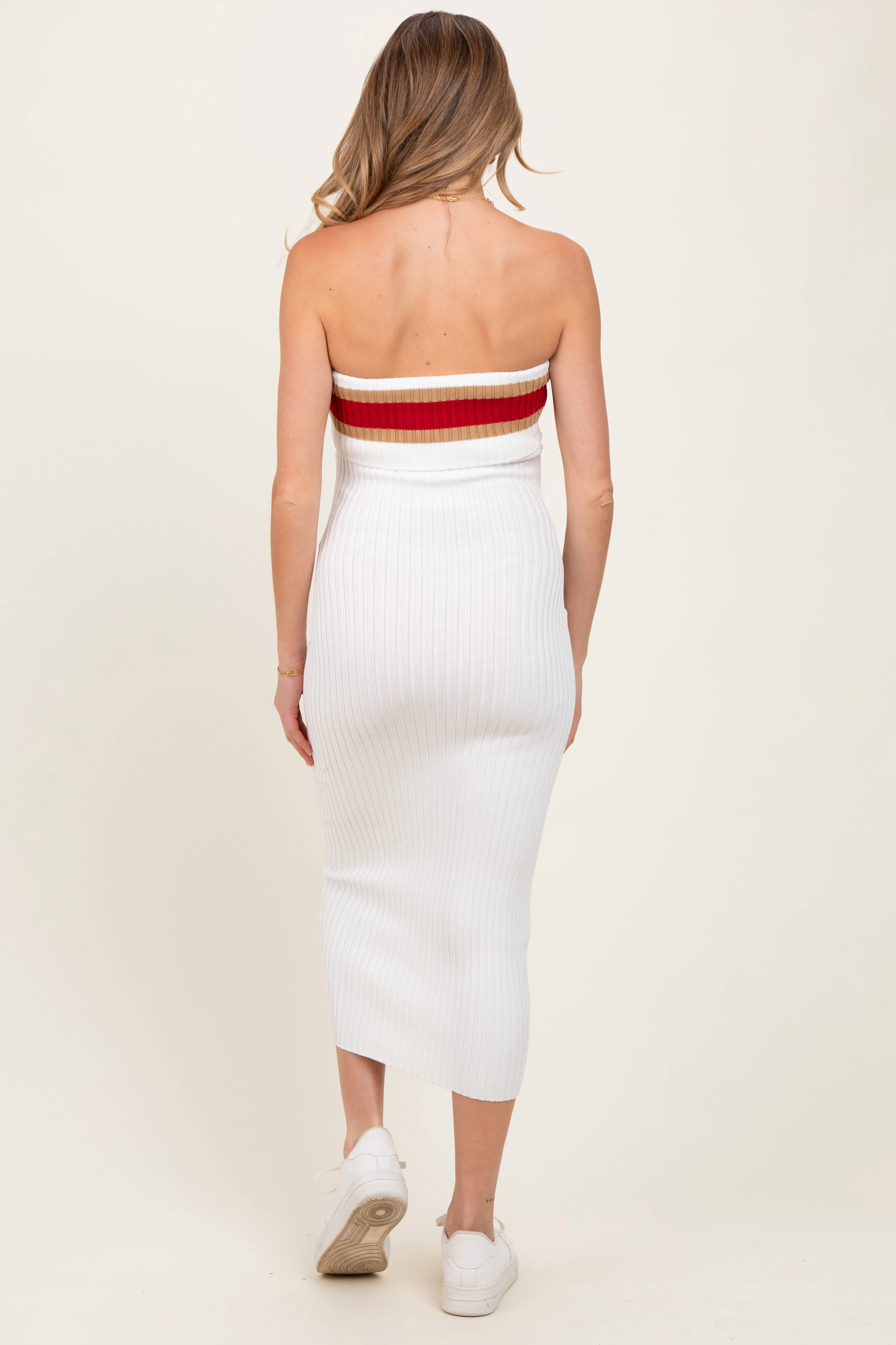 Ivory Ribbed Knit Striped Strapless Fitted Maternity Midi Dress sold by Pinkblush product image thumbnail 4