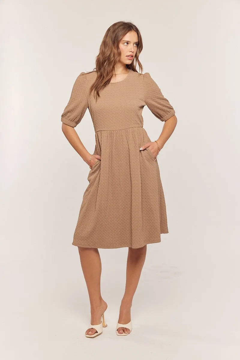Taupe Textured Knit Puff Sleeve Midi Dress sold by Pinkblush
