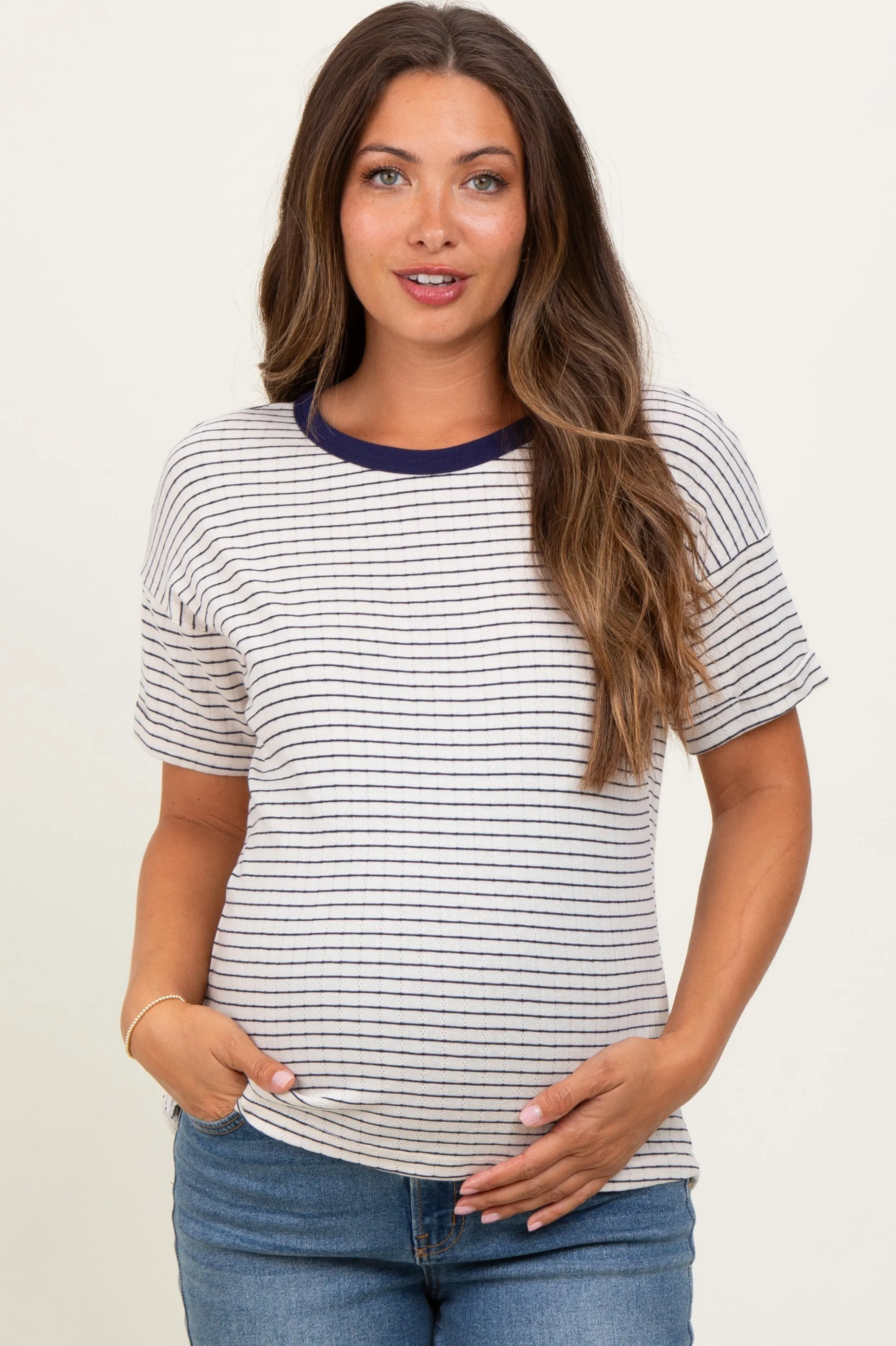Navy Pointelle Knit Striped Maternity Top sold by Pinkblush product image thumbnail 2