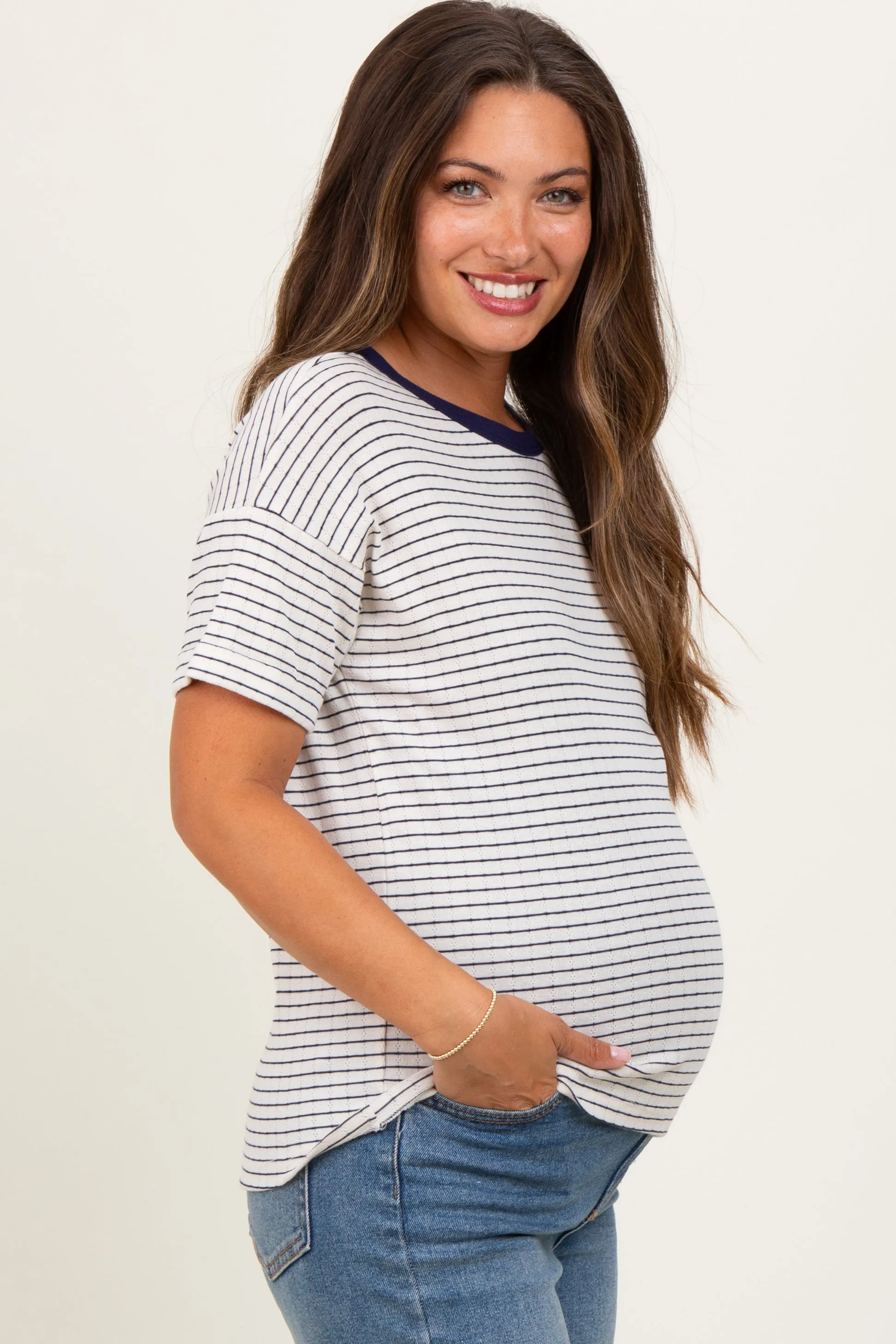 Navy Pointelle Knit Striped Maternity Top sold by Pinkblush product image thumbnail 3