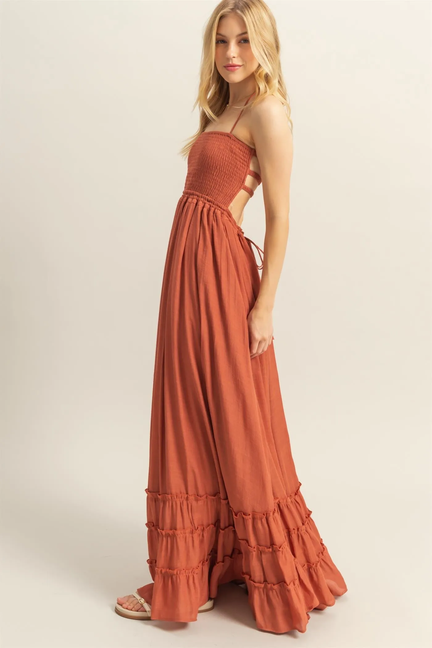 Rust Halter Neck Smocked Tiered Hem Maxi Dress sold by Pinkblush product image thumbnail 3