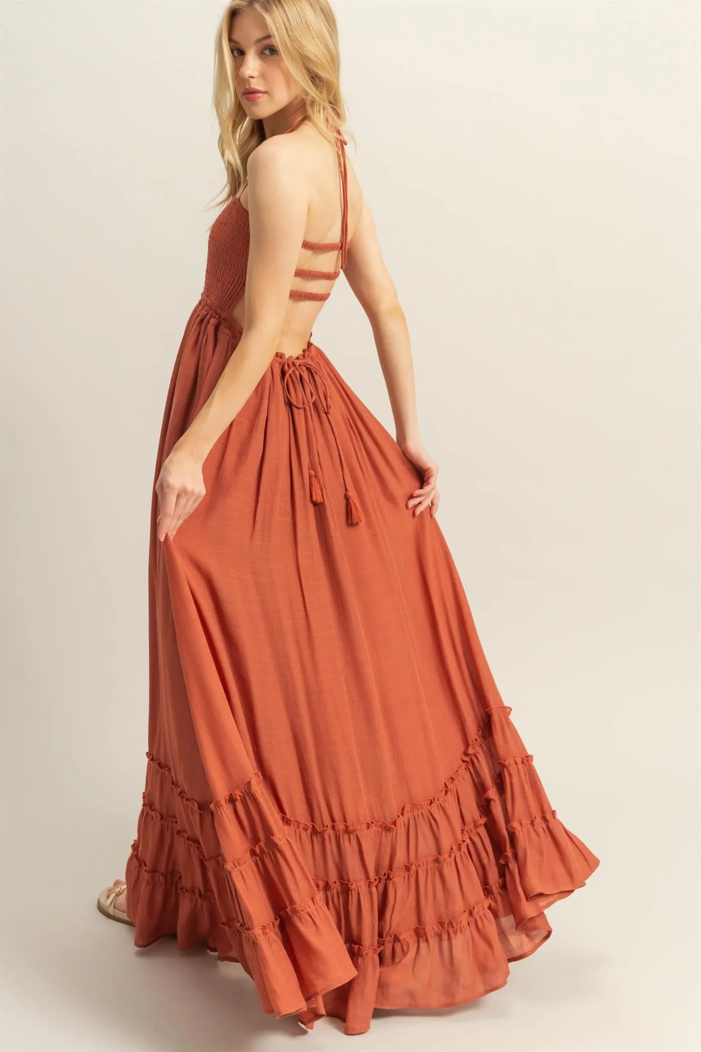 Rust Halter Neck Smocked Tiered Hem Maxi Dress sold by Pinkblush product image thumbnail 4