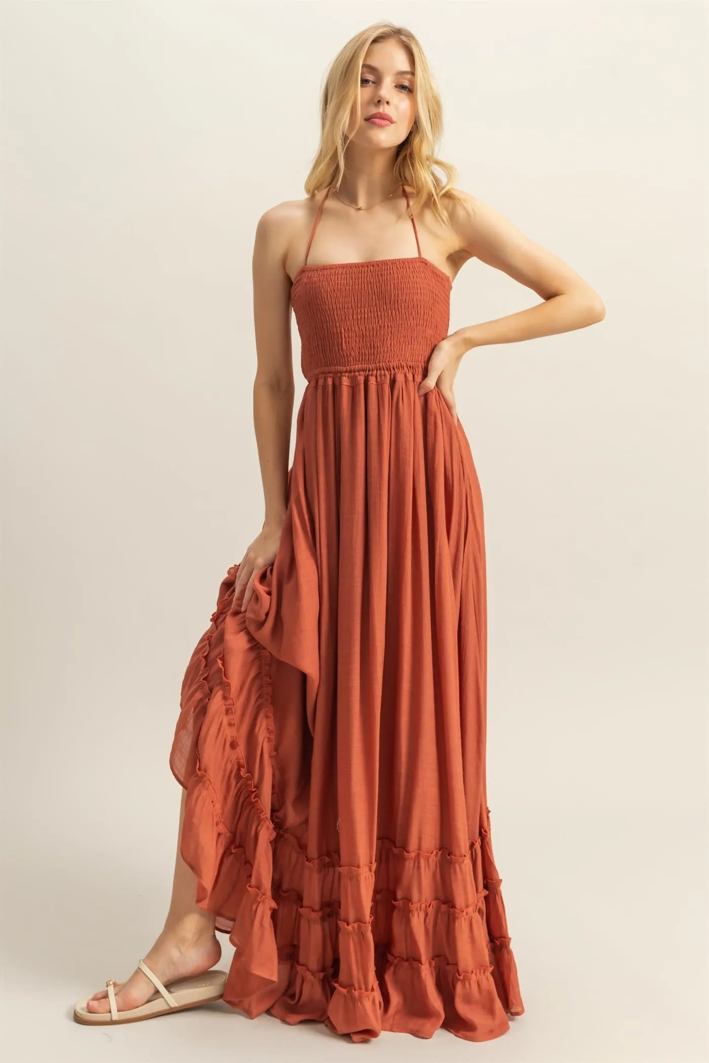 Rust Halter Neck Smocked Tiered Hem Maxi Dress sold by Pinkblush