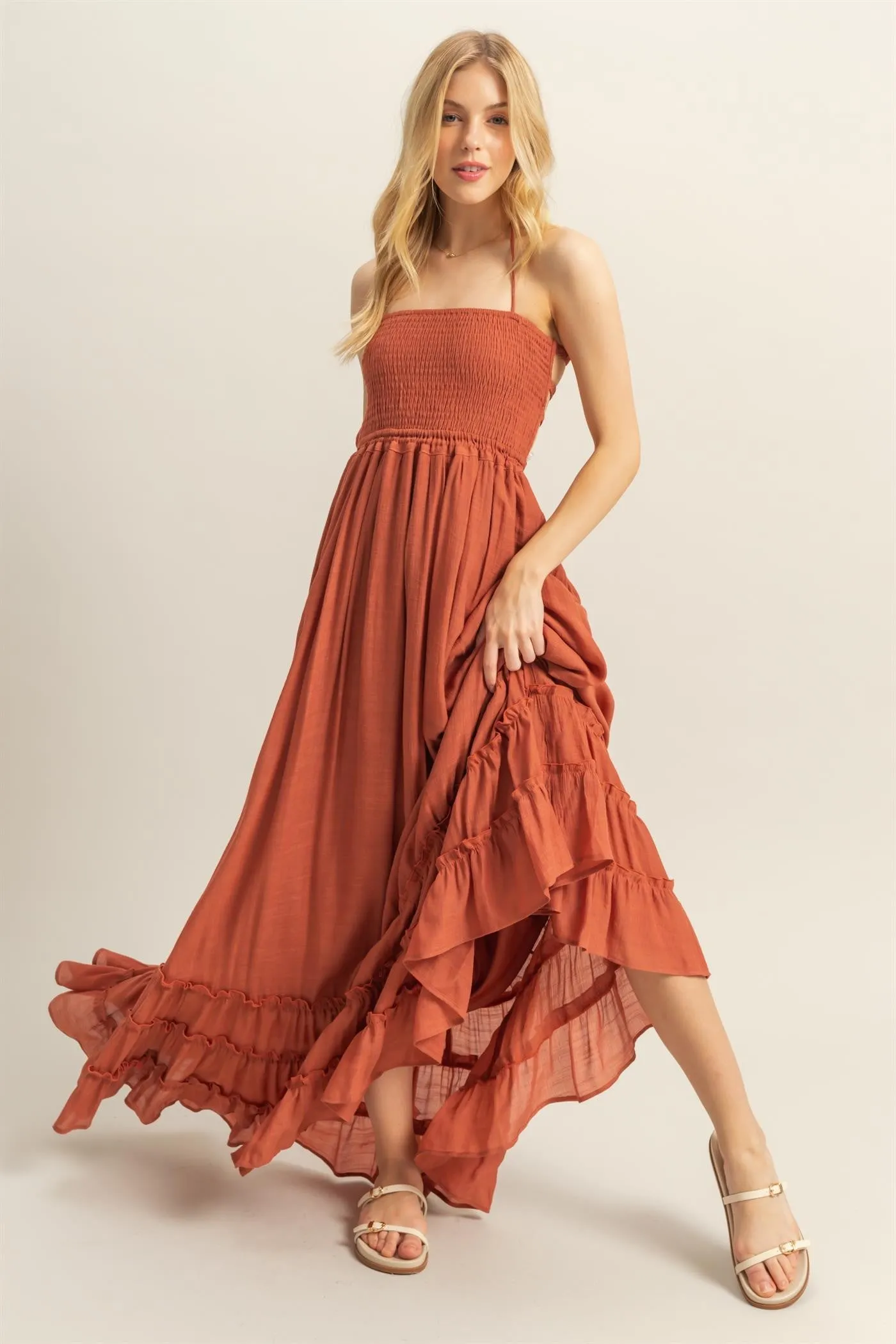 Rust Halter Neck Smocked Tiered Hem Maxi Dress sold by Pinkblush product image thumbnail 2