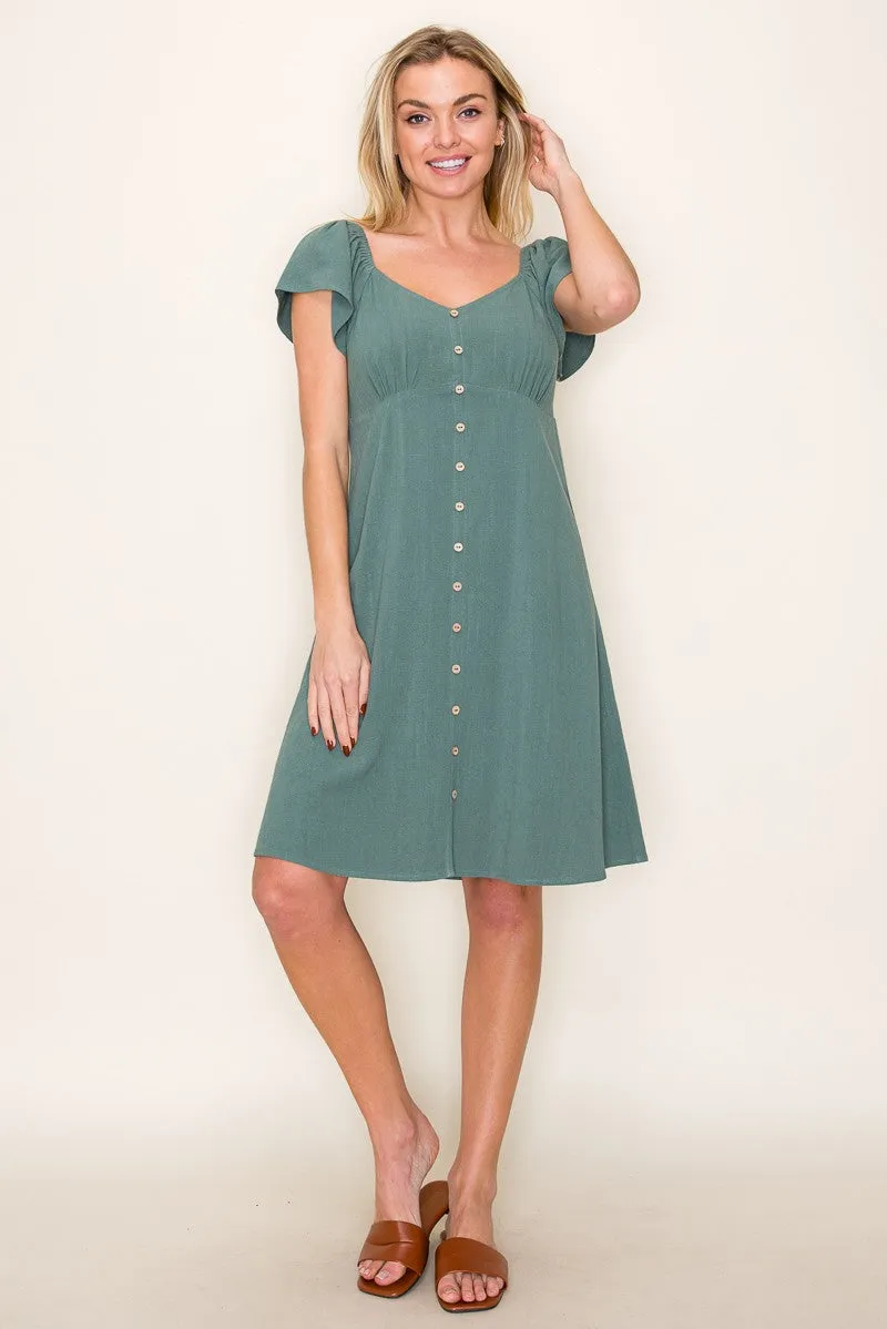 Olive Flutter Sleeve Button Accent Dress sold by Pinkblush