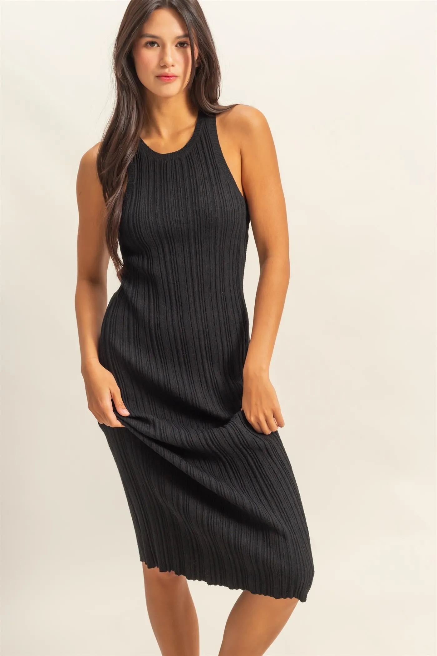Black Round Neck Bodycon Ribbed Knit Midi Dress sold by Pinkblush product image thumbnail 2