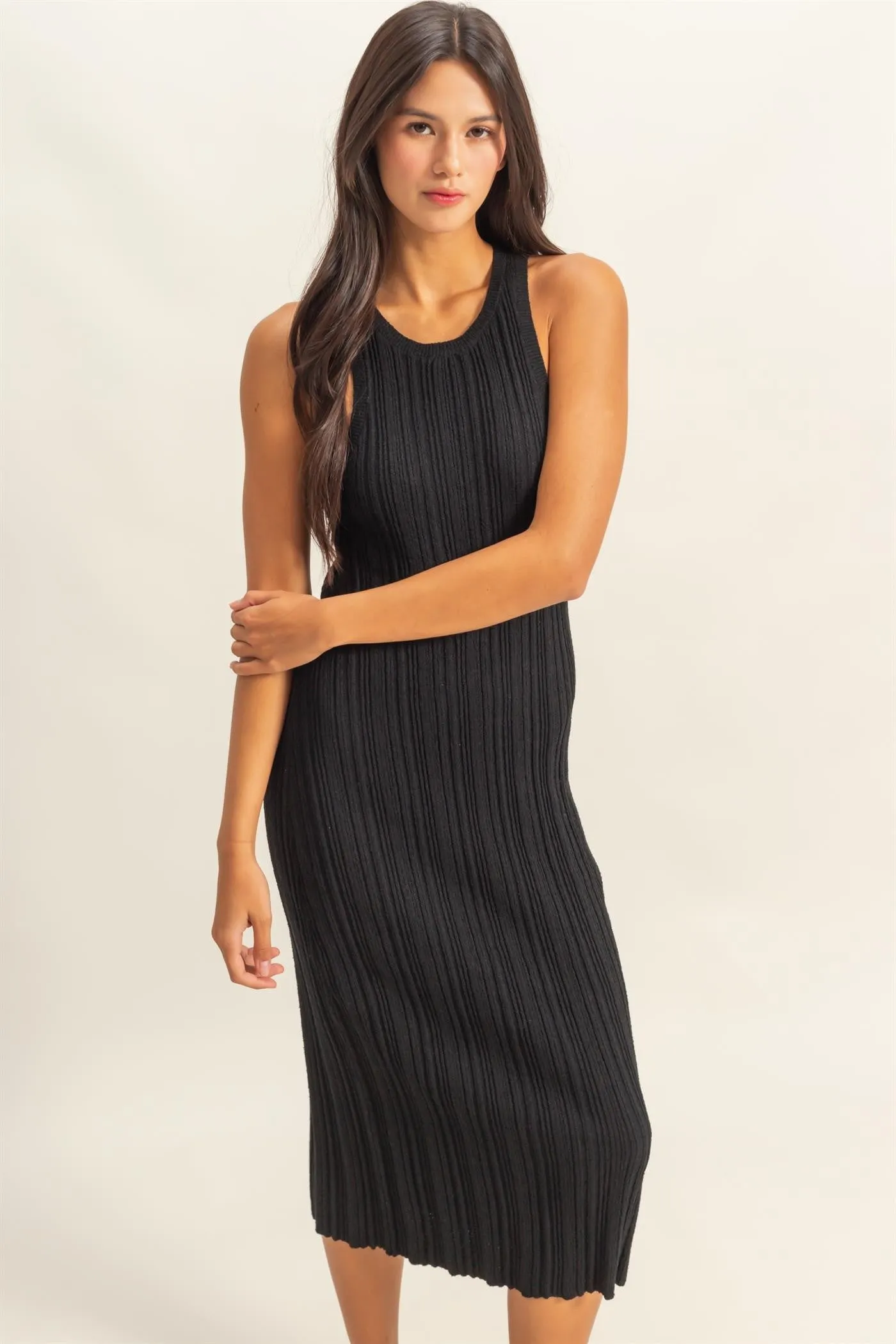 Black Round Neck Bodycon Ribbed Knit Midi Dress sold by Pinkblush