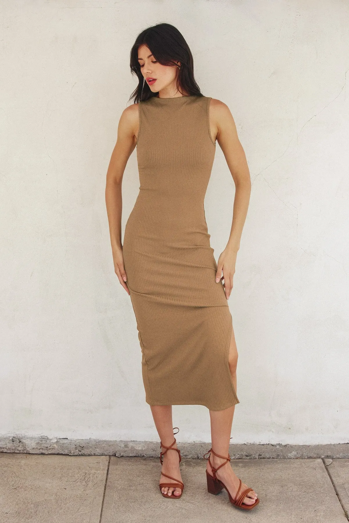 Light Taupe Mock Neck Side Slit Midi Dress sold by Pinkblush