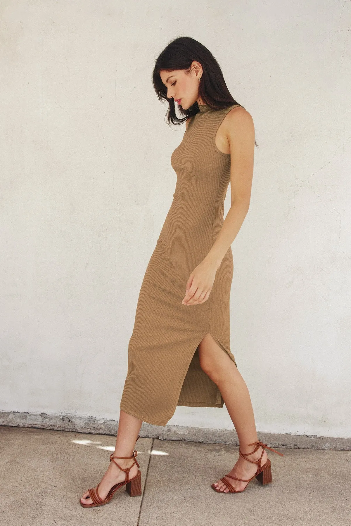 Light Taupe Mock Neck Side Slit Midi Dress sold by Pinkblush product image thumbnail 2