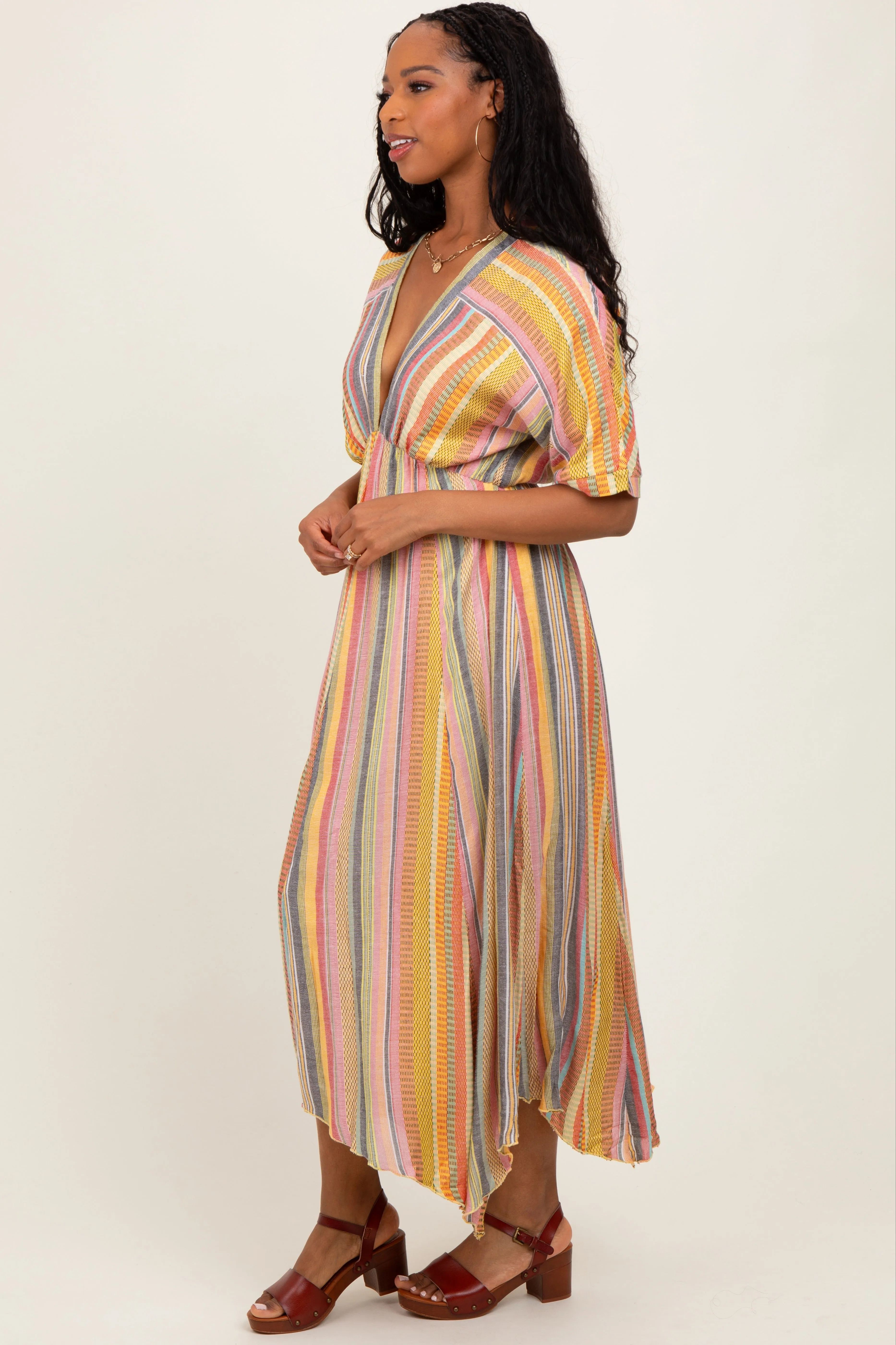 Yellow Striped Deep V-Neck Handkerchief Hem Midi Dress sold by Pinkblush product image thumbnail 2