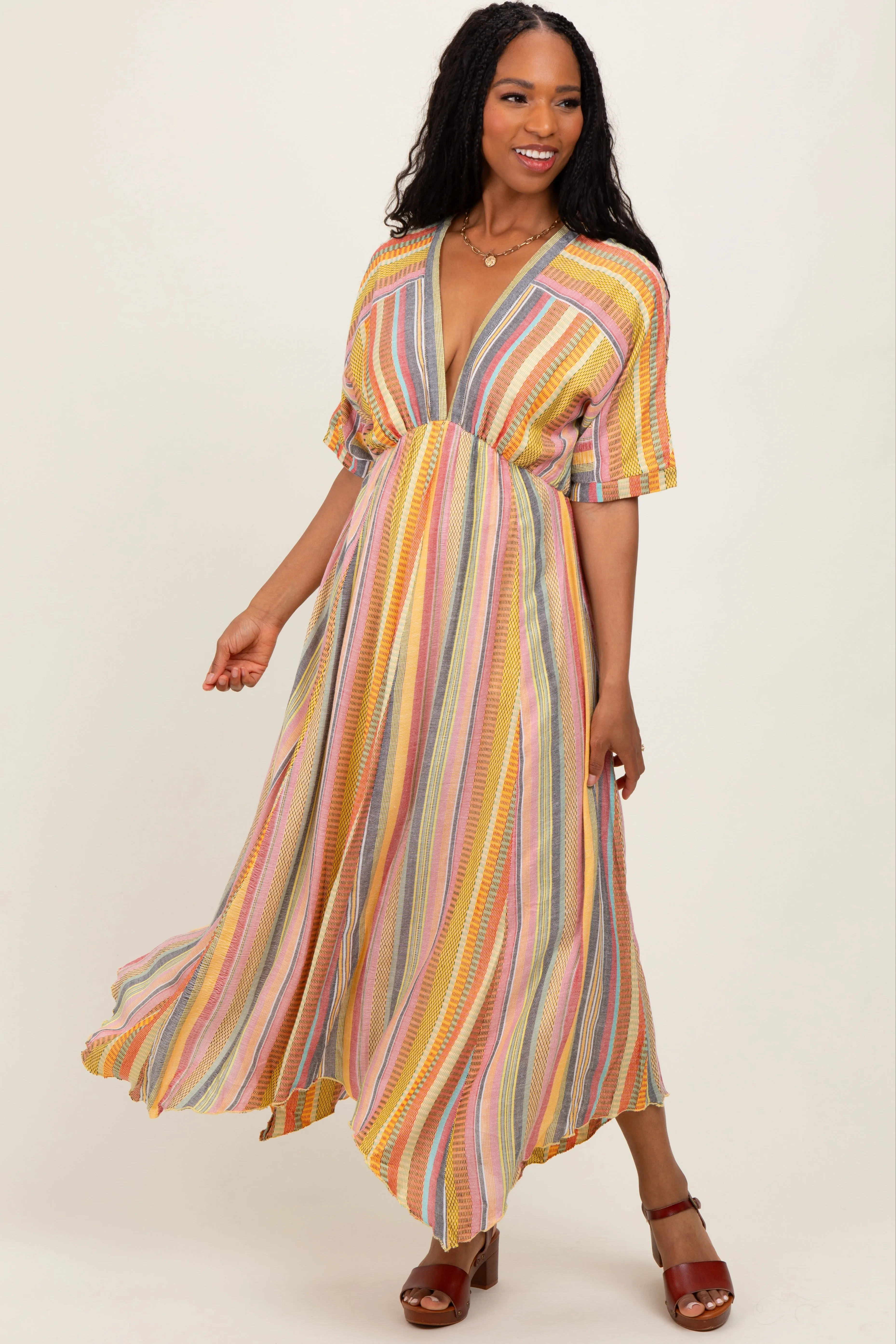 Yellow Striped Deep V-Neck Handkerchief Hem Midi Dress sold by Pinkblush