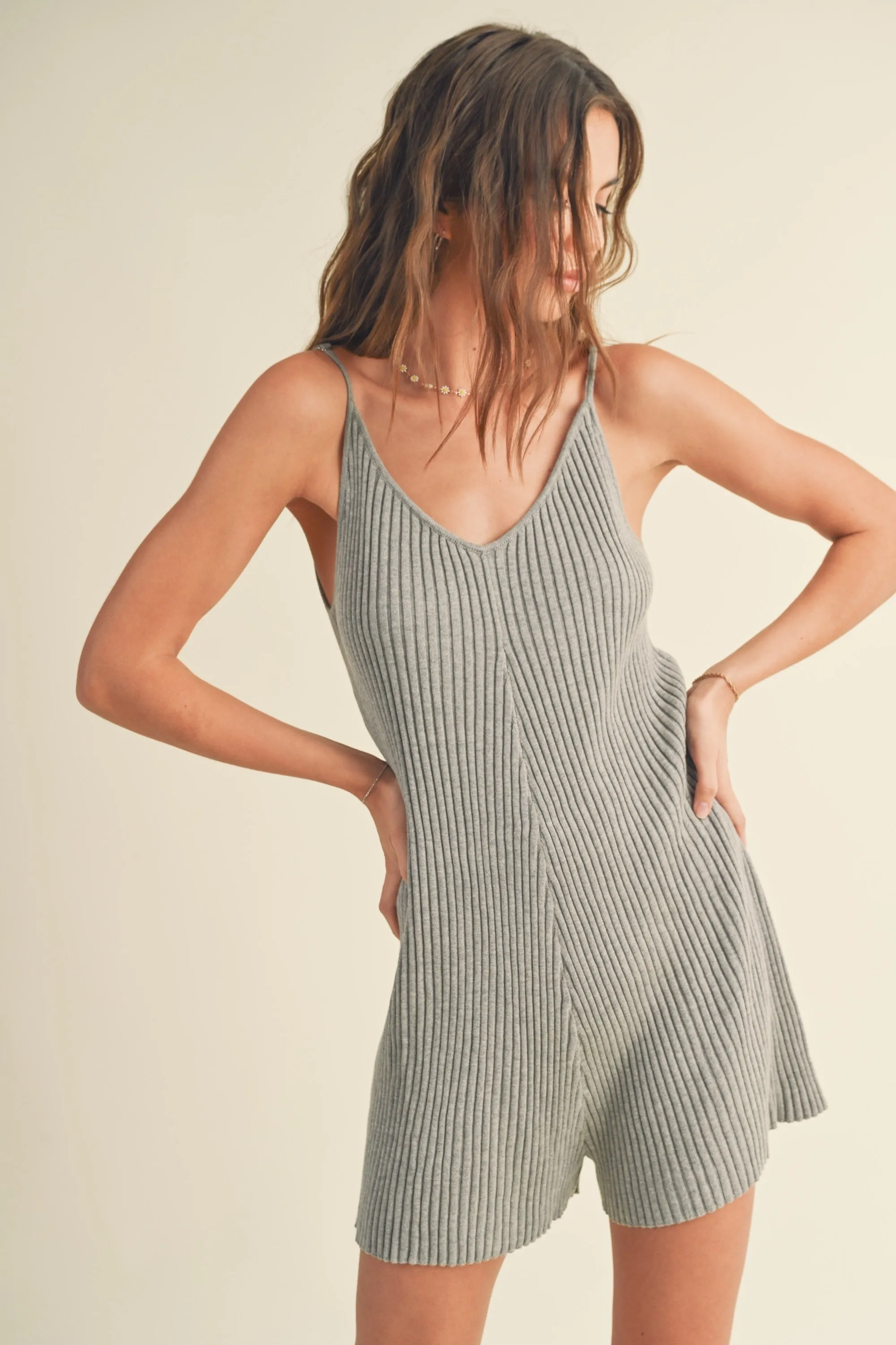 Heather Grey Ribbed Knit Sleeveless Romper sold by Pinkblush