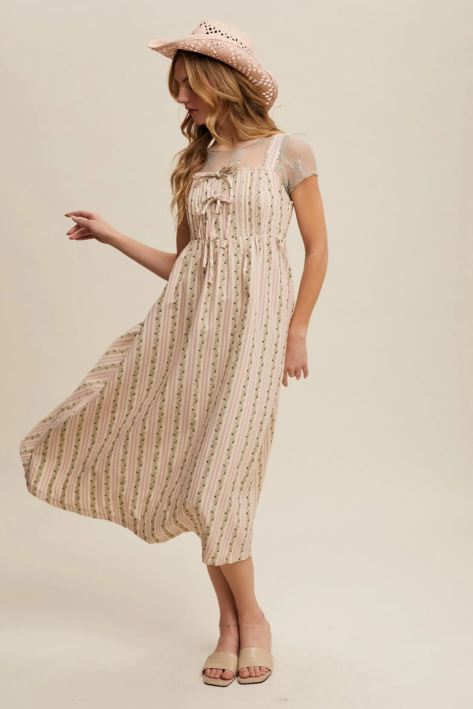 Pink Floral Embroidered Striped Midi Dress sold by Pinkblush