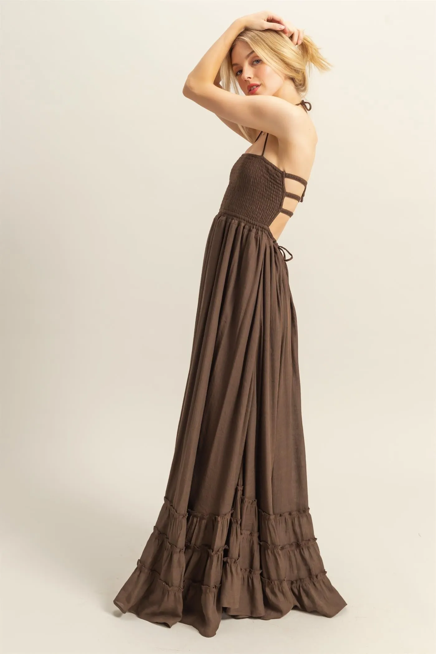 Brown Halter Neck Smocked Tiered Hem Maxi Dress sold by Pinkblush product image thumbnail 4
