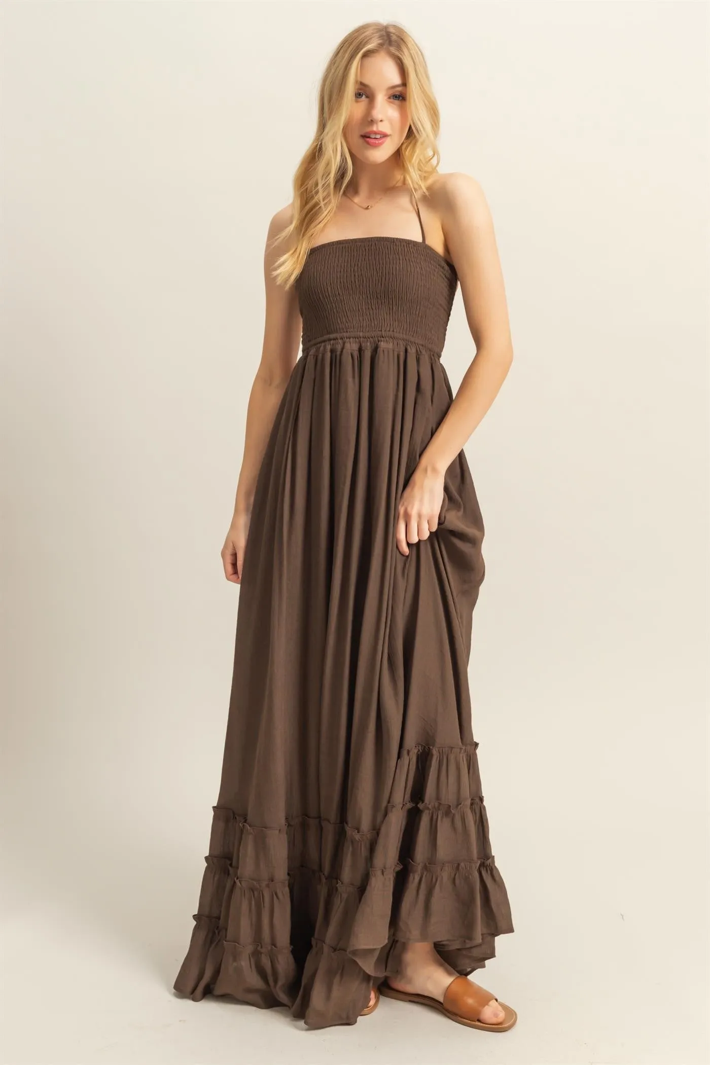 Brown Halter Neck Smocked Tiered Hem Maxi Dress sold by Pinkblush