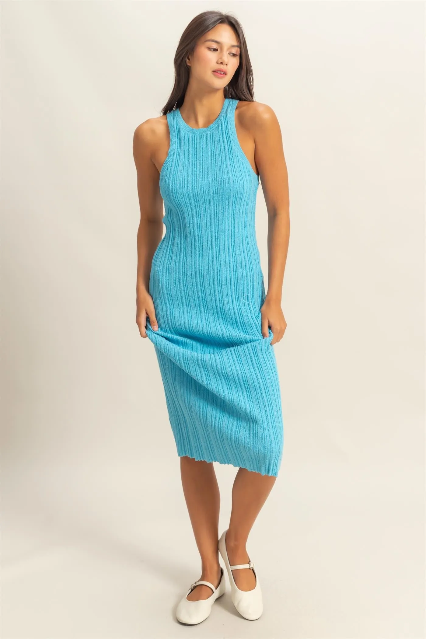 Blue Round Neck Bodycon Ribbed Knit Midi Dress sold by Pinkblush