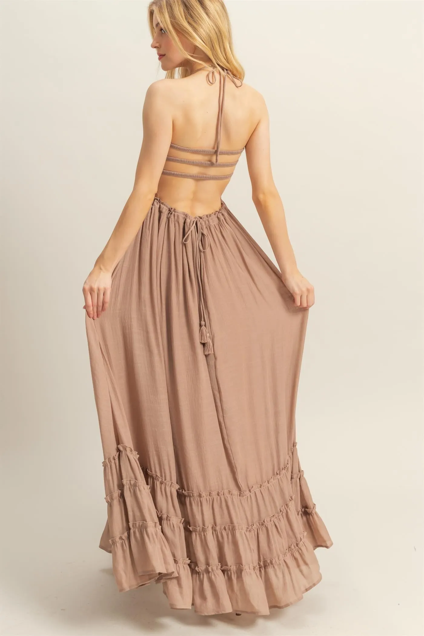 Taupe Halter Neck Smocked Tiered Hem Maxi Dress sold by Pinkblush product image thumbnail 3