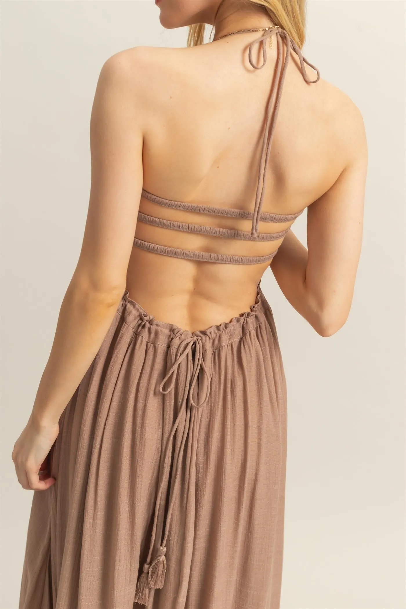 Taupe Halter Neck Smocked Tiered Hem Maxi Dress sold by Pinkblush product image thumbnail 4
