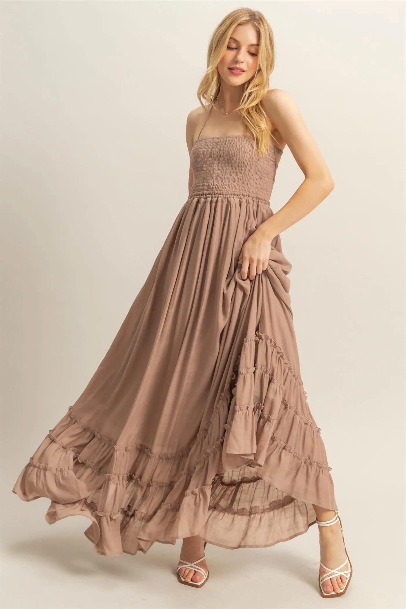 Taupe Halter Neck Smocked Tiered Hem Maxi Dress sold by Pinkblush