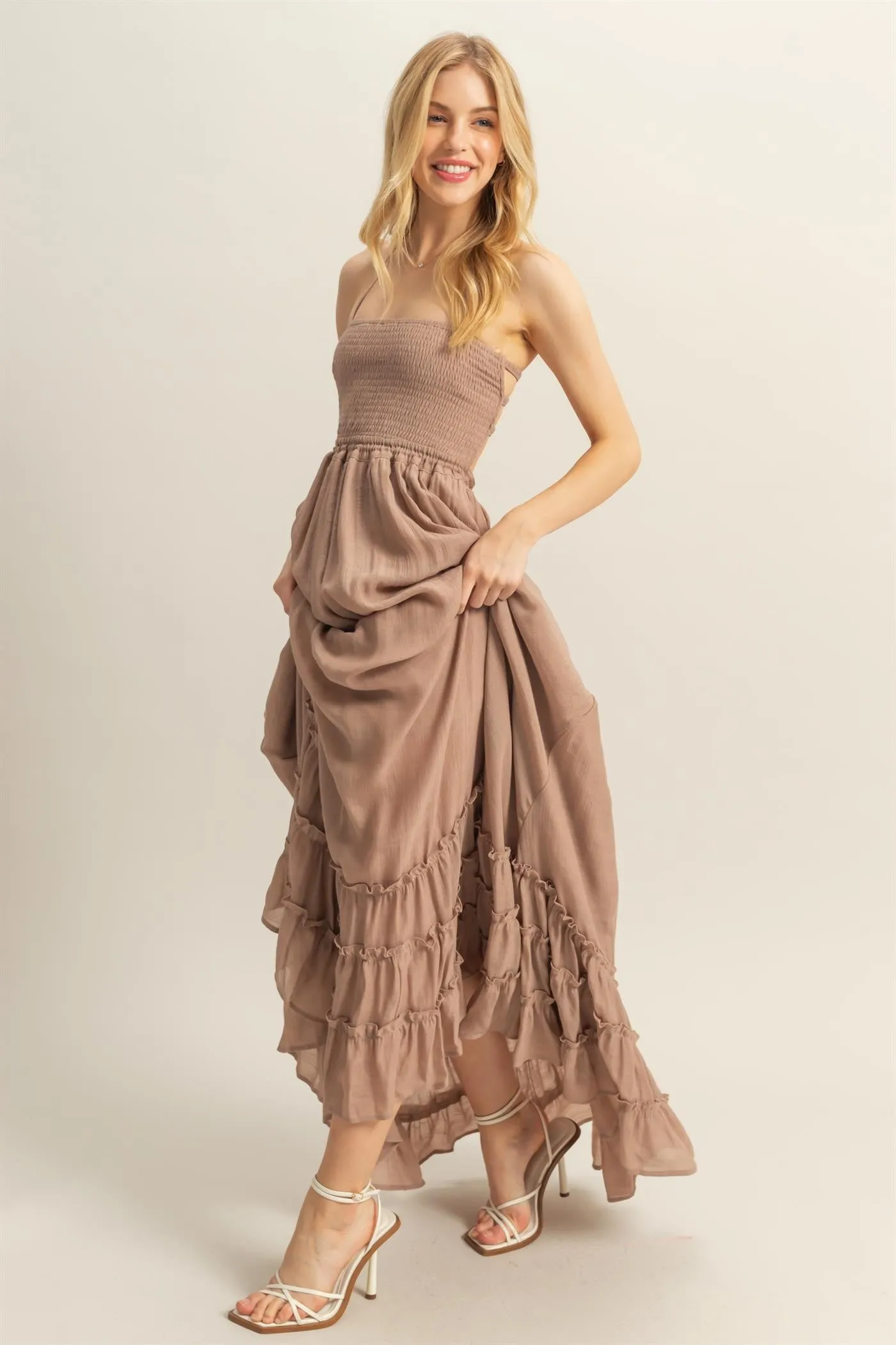 Taupe Halter Neck Smocked Tiered Hem Maxi Dress sold by Pinkblush product image thumbnail 2