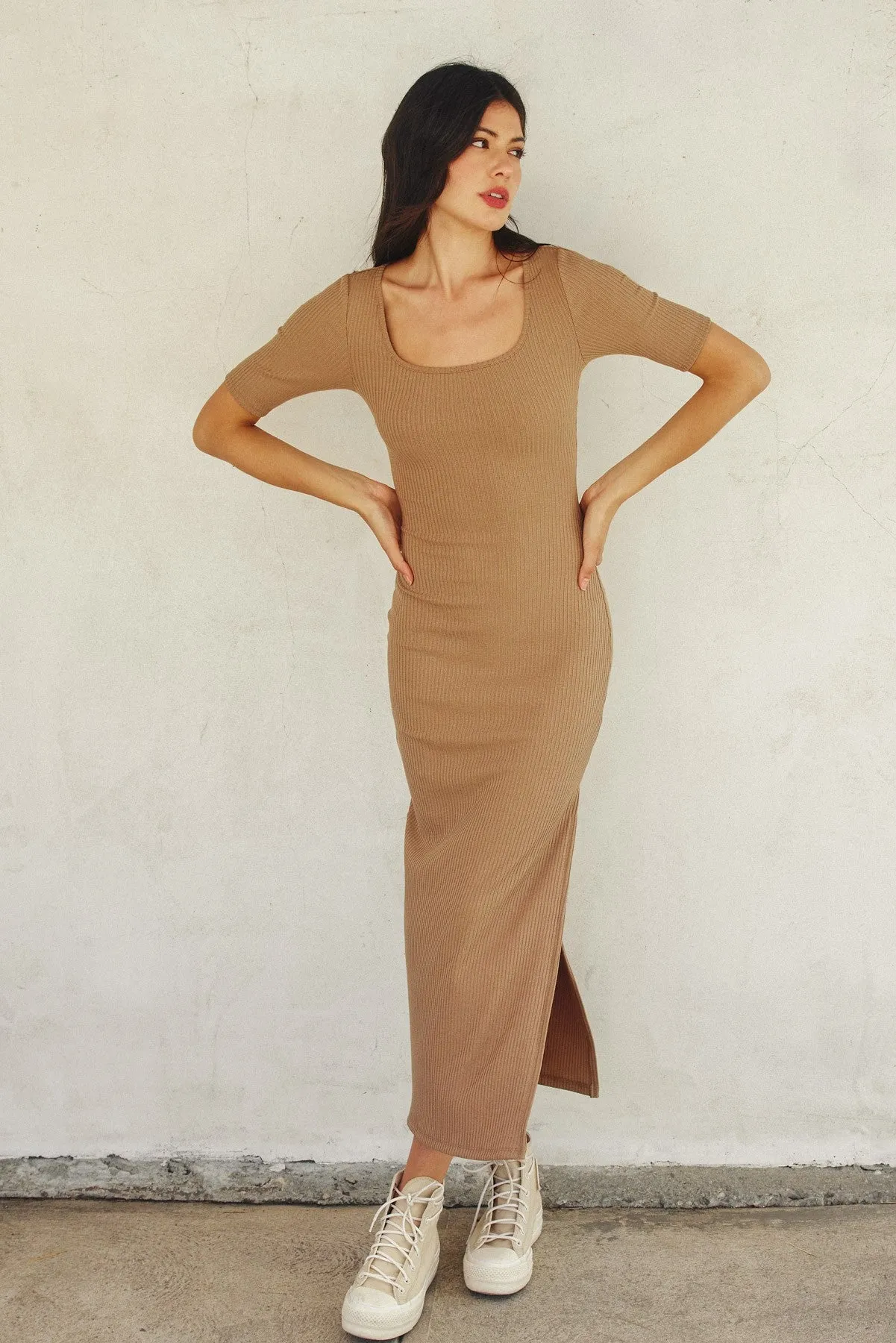 Light Taupe Ribbed Short Sleeve Side Slit Midi Dress sold by Pinkblush