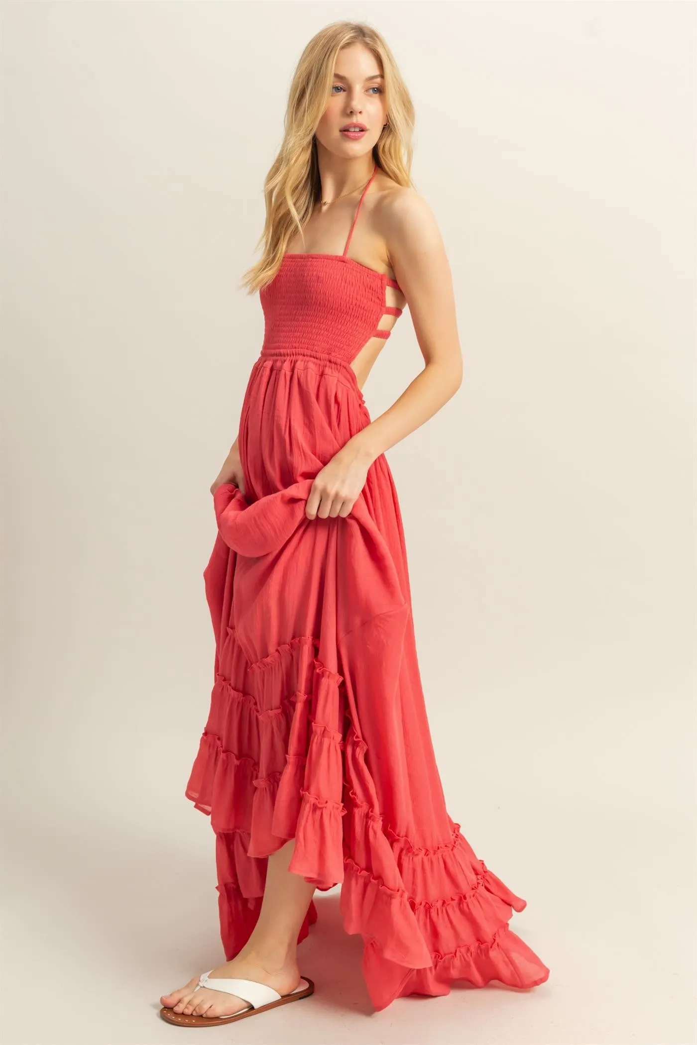 Coral Halter Neck Smocked Tiered Hem Maxi Dress sold by Pinkblush product image thumbnail 2