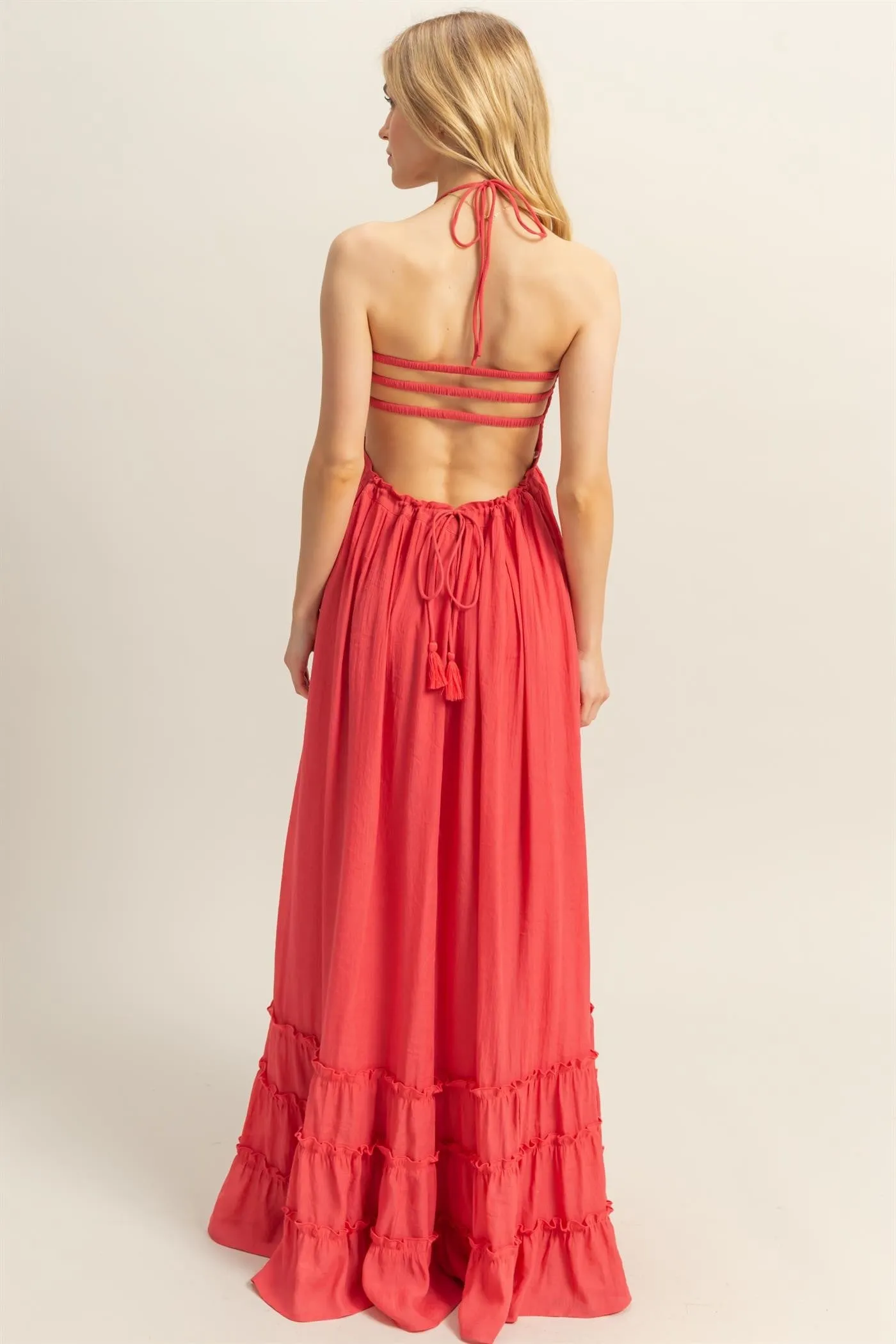 Coral Halter Neck Smocked Tiered Hem Maxi Dress sold by Pinkblush product image thumbnail 3