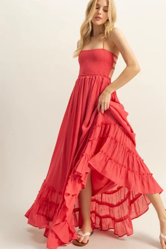 Coral Halter Neck Smocked Tiered Hem Maxi Dress sold by Pinkblush