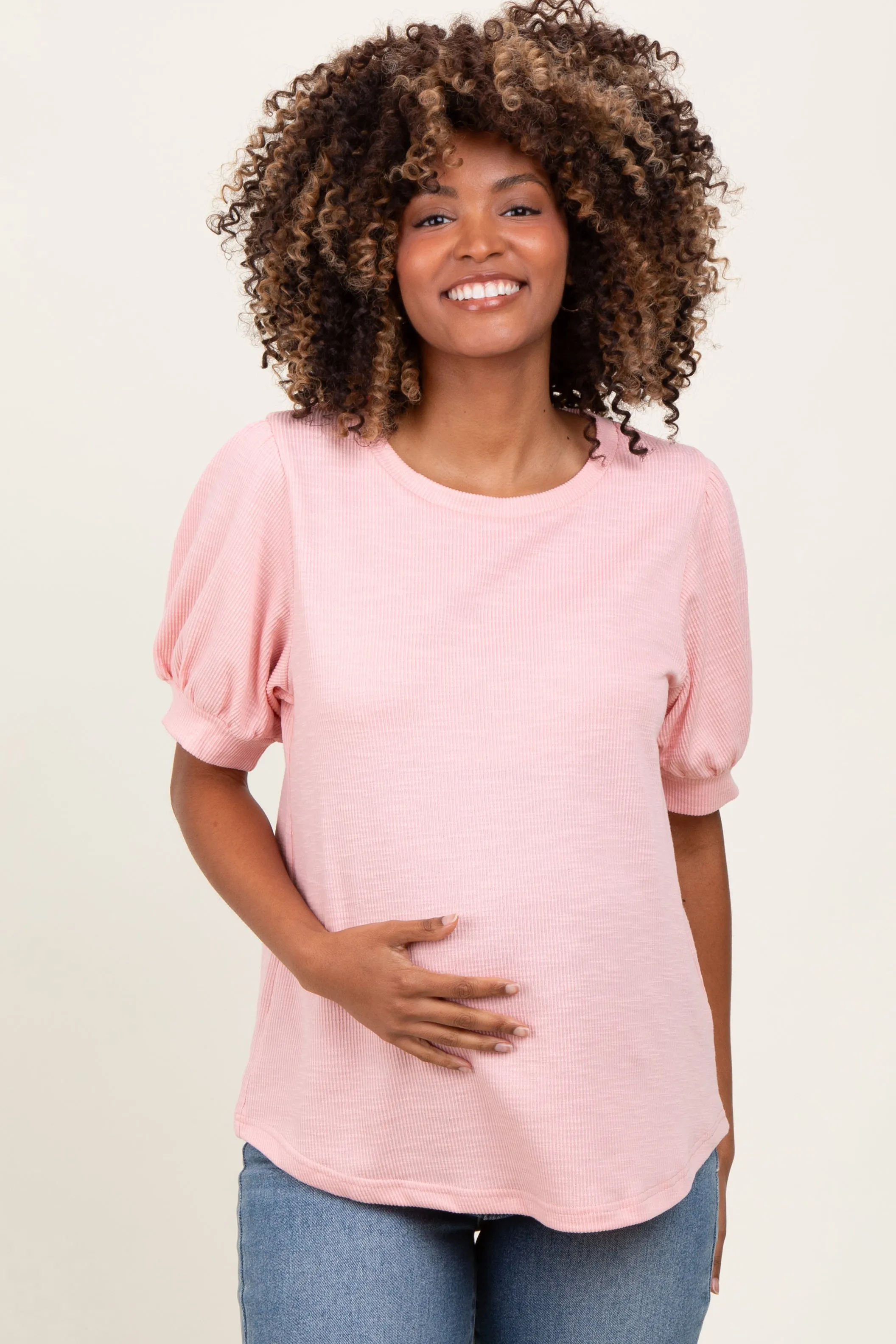 Light Pink Ribbed Puffed Sleeve Maternity Top sold by Pinkblush
