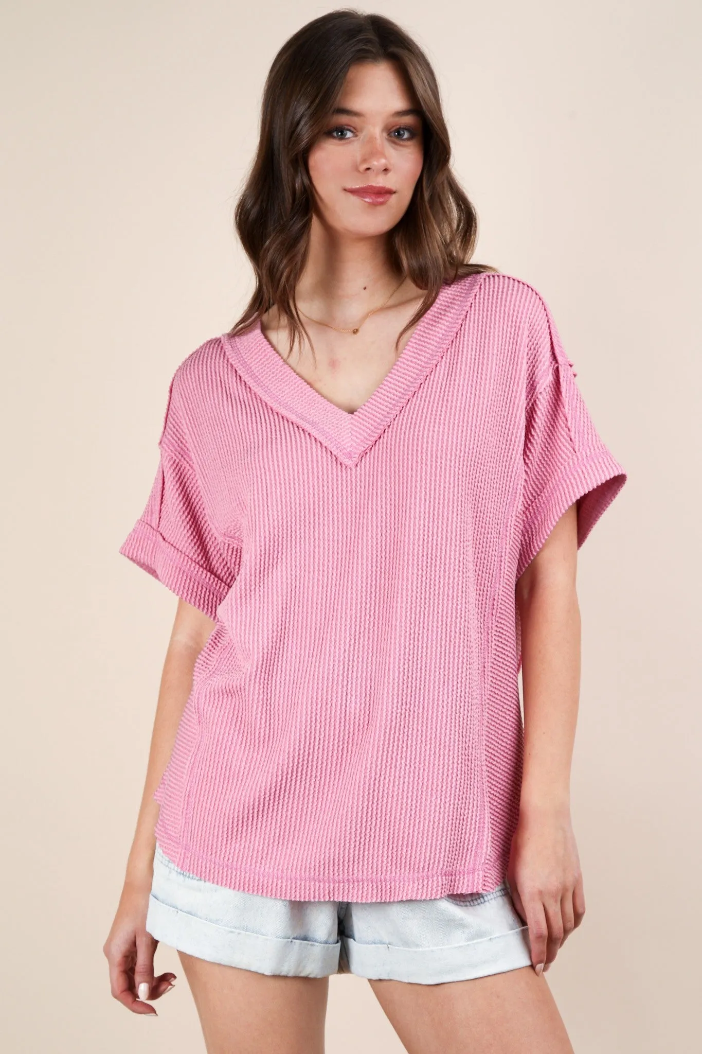 Pink Ribbed Raw Hem Maternity Short Sleeve Top sold by Pinkblush product image thumbnail 3