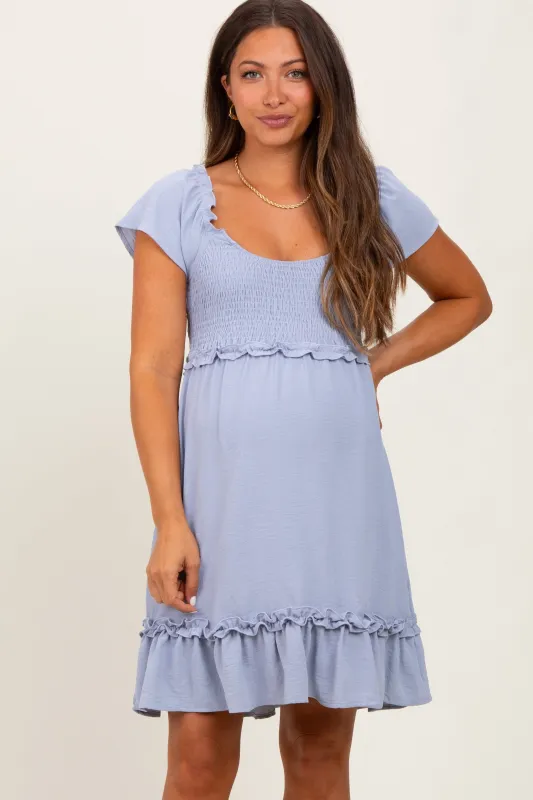 Blue Smocked Ruffle Detail Maternity Mini Dress sold by Pinkblush