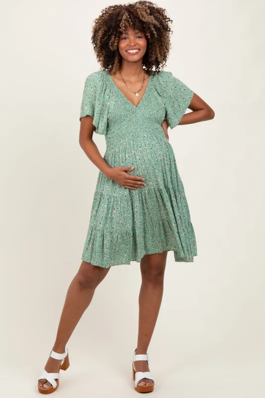 Light Olive Floral Smocked V-Neck Maternity Mini Dress sold by Pinkblush