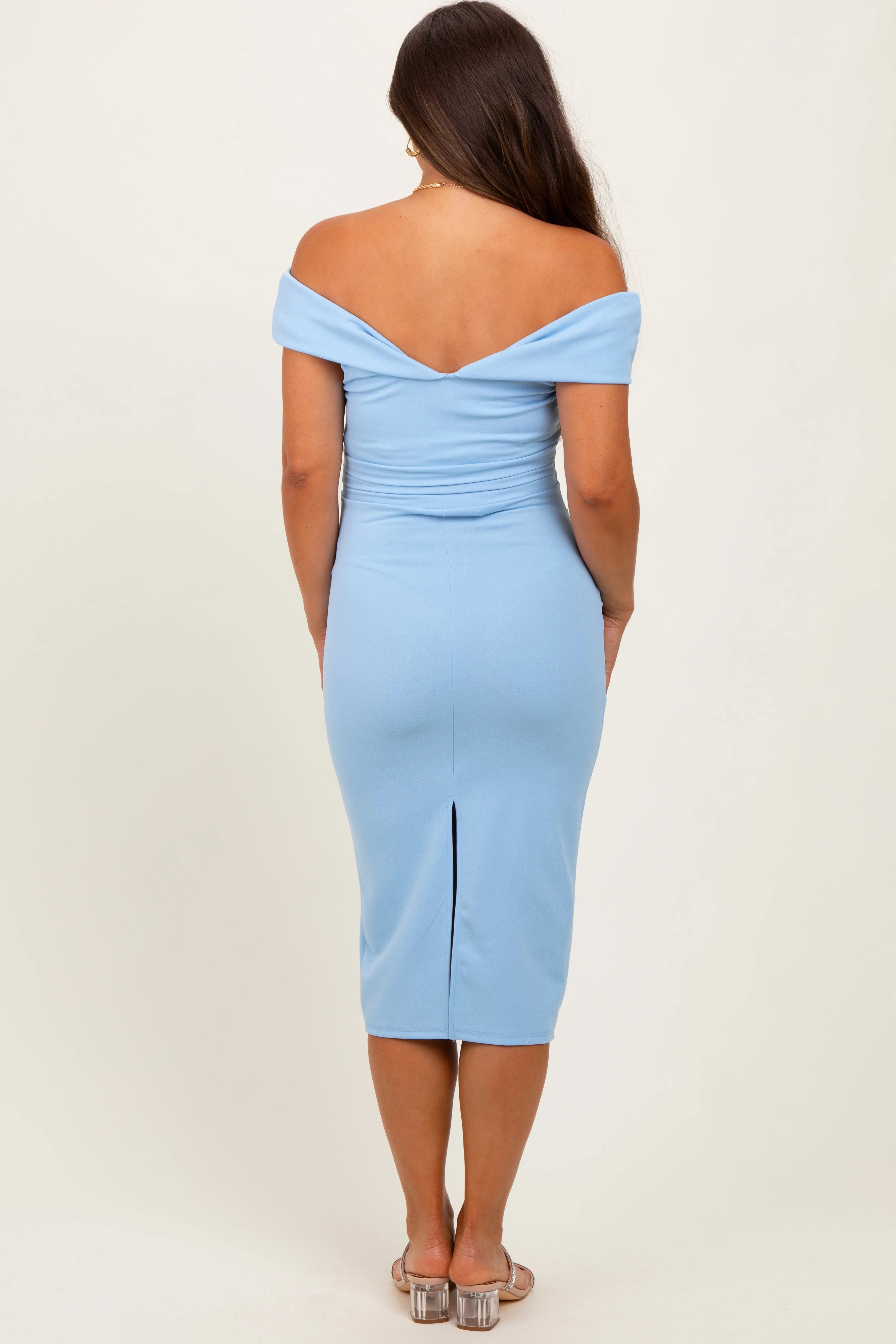 Light Blue Off Shoulder Fitted Maternity Midi Dress sold by Pinkblush product image thumbnail 3