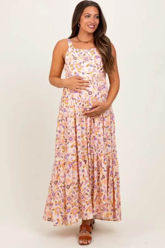 Peach Floral Sleeveless Tiered Maternity Maxi Dress sold by Pinkblush