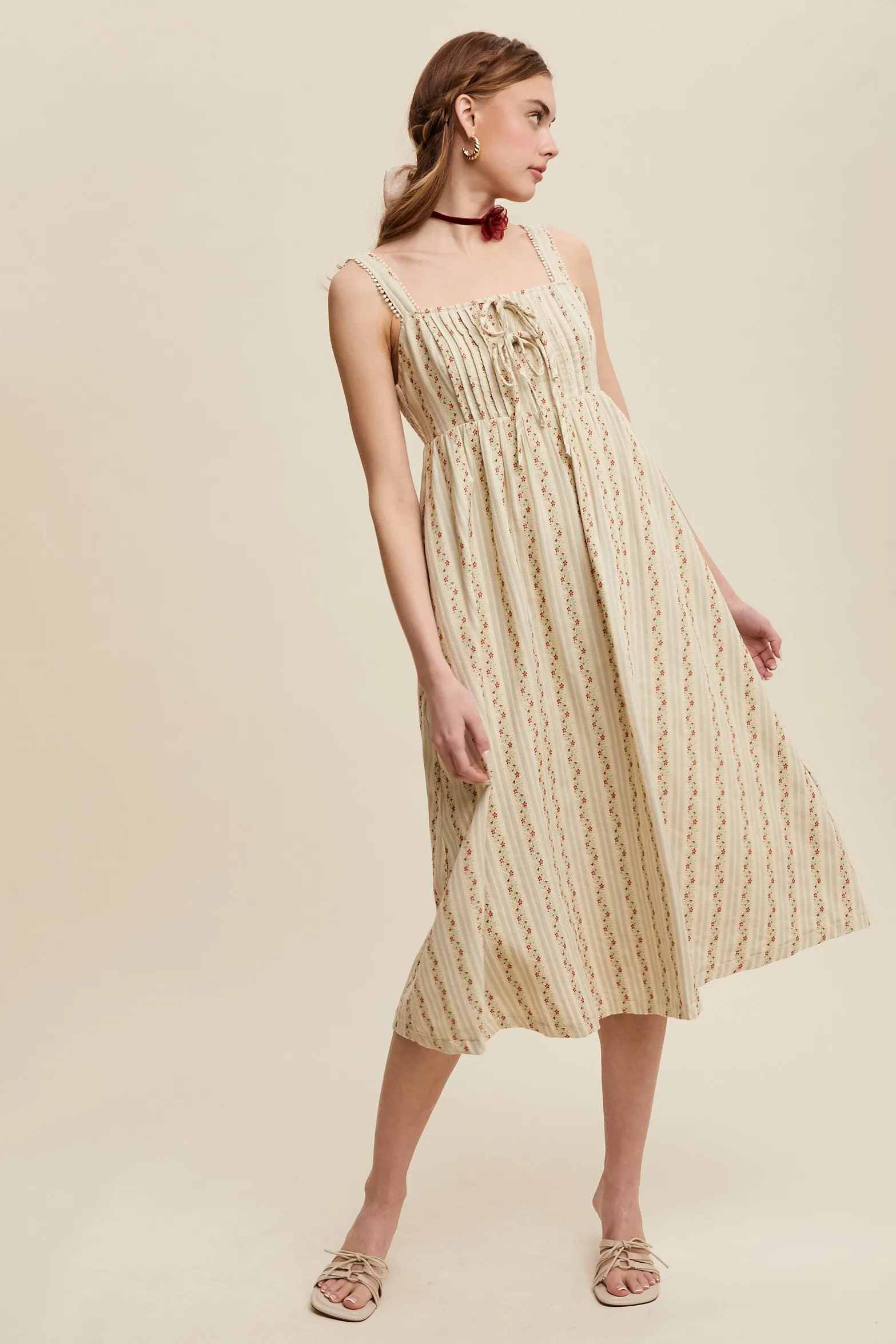 Light Olive Floral Embroidered Striped Midi Dress sold by Pinkblush product image thumbnail 2