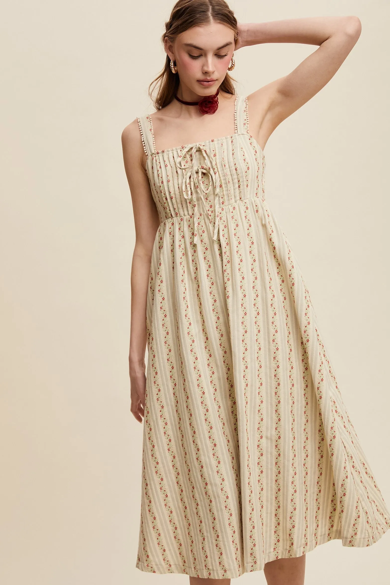 Light Olive Floral Embroidered Striped Midi Dress sold by Pinkblush product image thumbnail 4